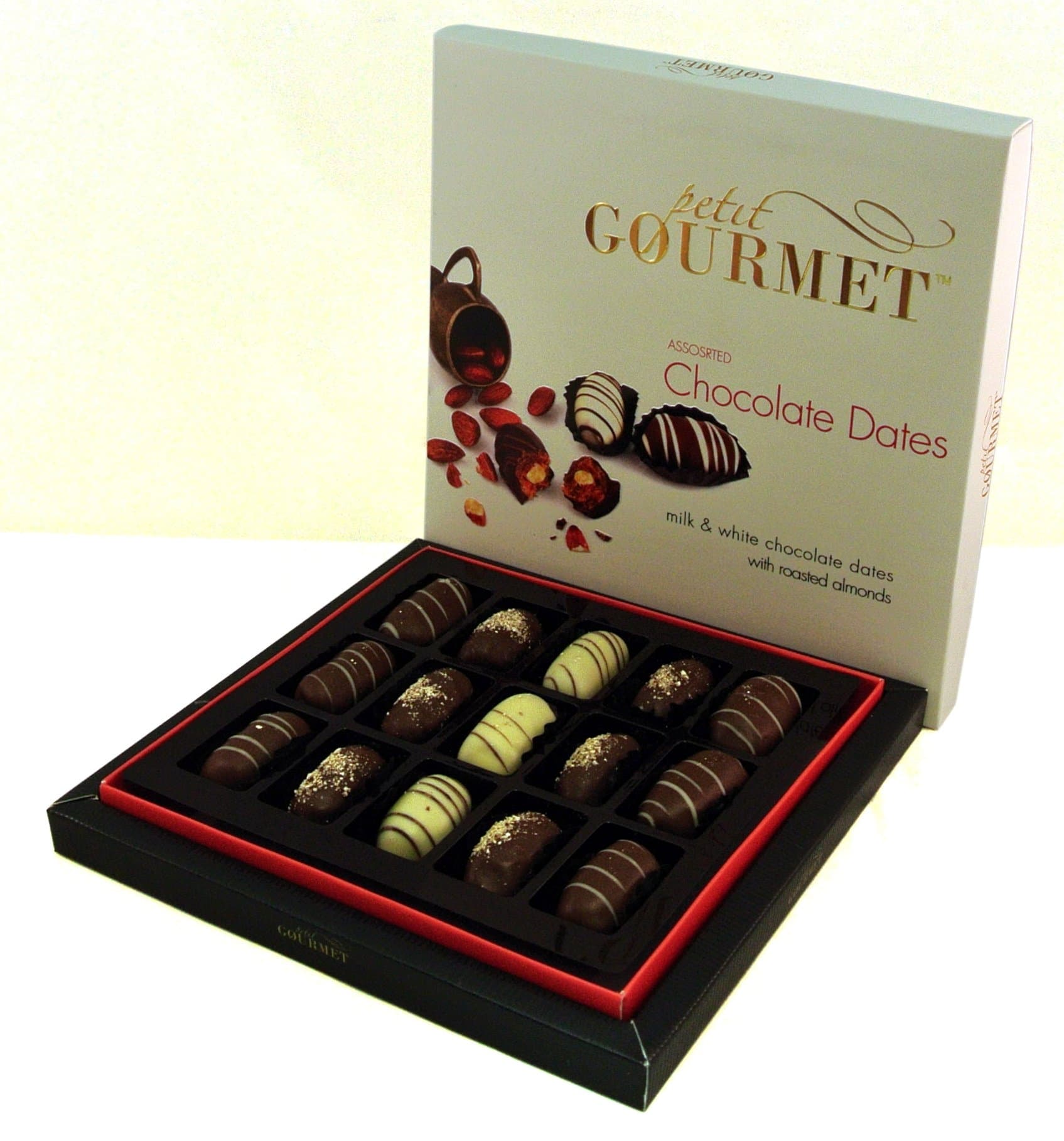 Chocolate Covered Dates Gourmet Milk, White, Dark Chocolate Medjool Stuffed with Premium Roasted Almonds Petit Gourmet Arabian Sweets Assorted Fruit Dessert Gift Box