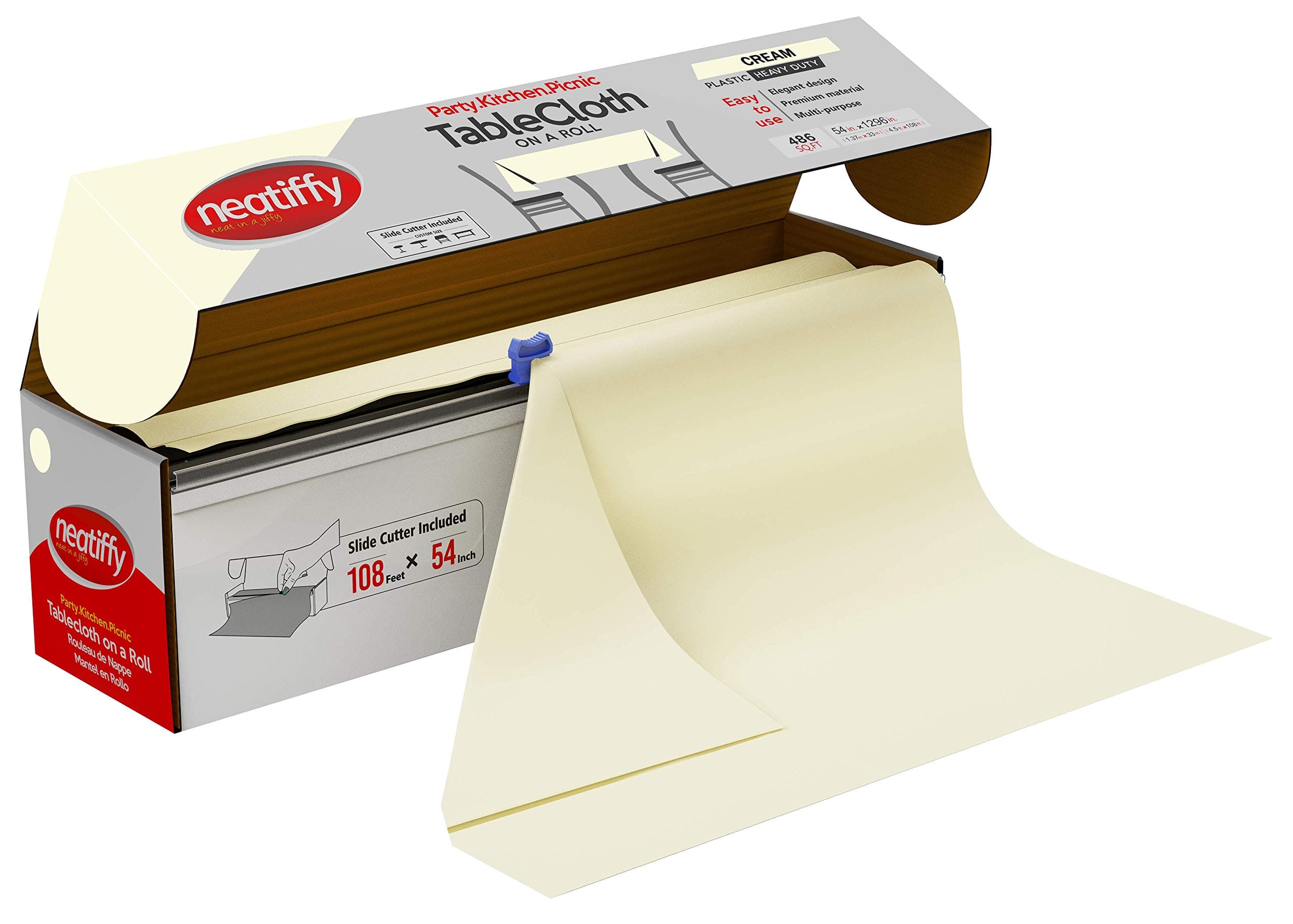 Neatiffy Disposable Plastic Tablecloth Roll, Equivalent to 12 Packs of Picnic, Ivory