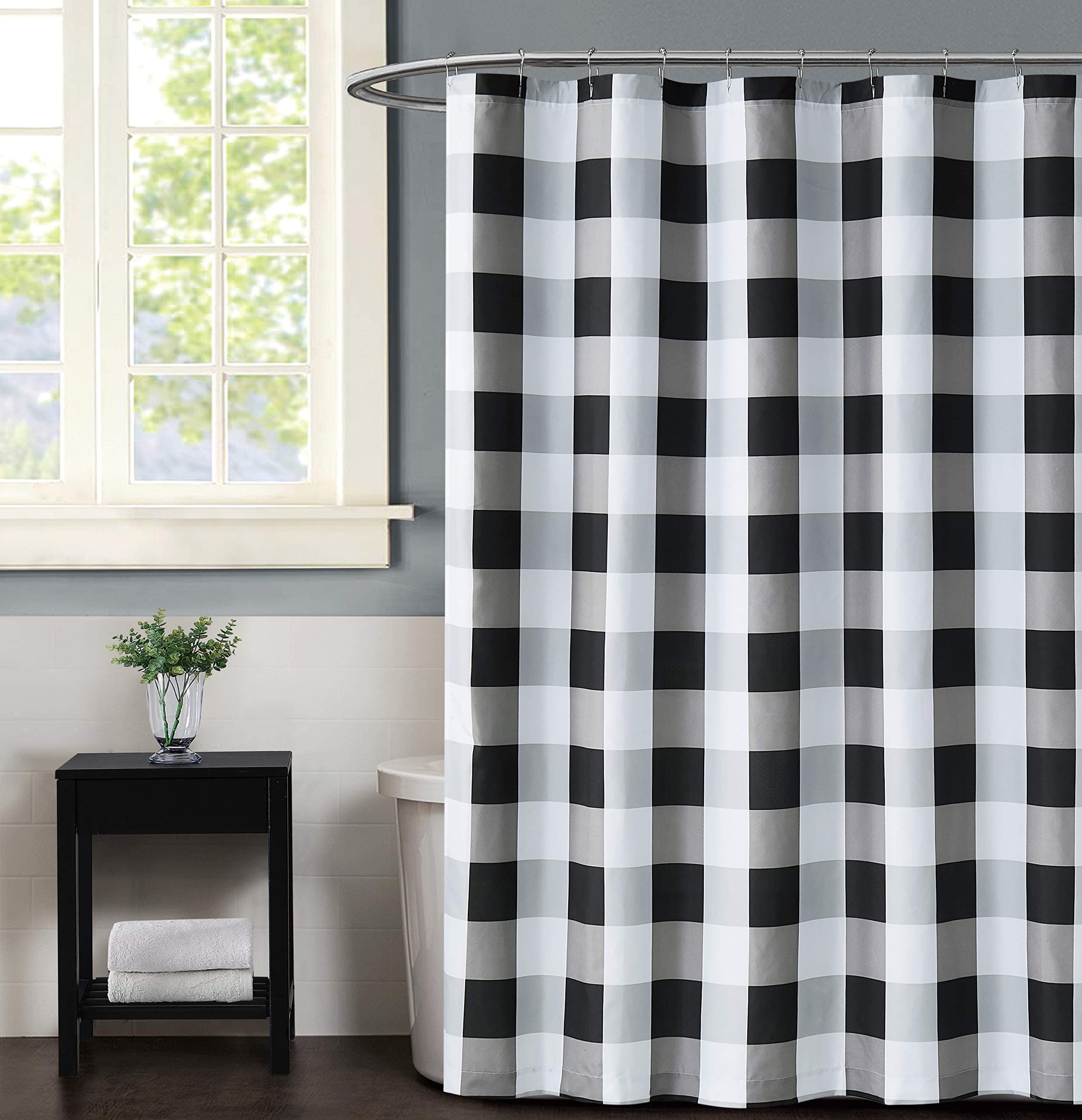 TRULY SOFT Everyday Buffalo Plaid Black Polyester 1-Piece Standard Shower Curtain, Plaid Themed, for Men and Women, Oeko-TEX Certified Confidence