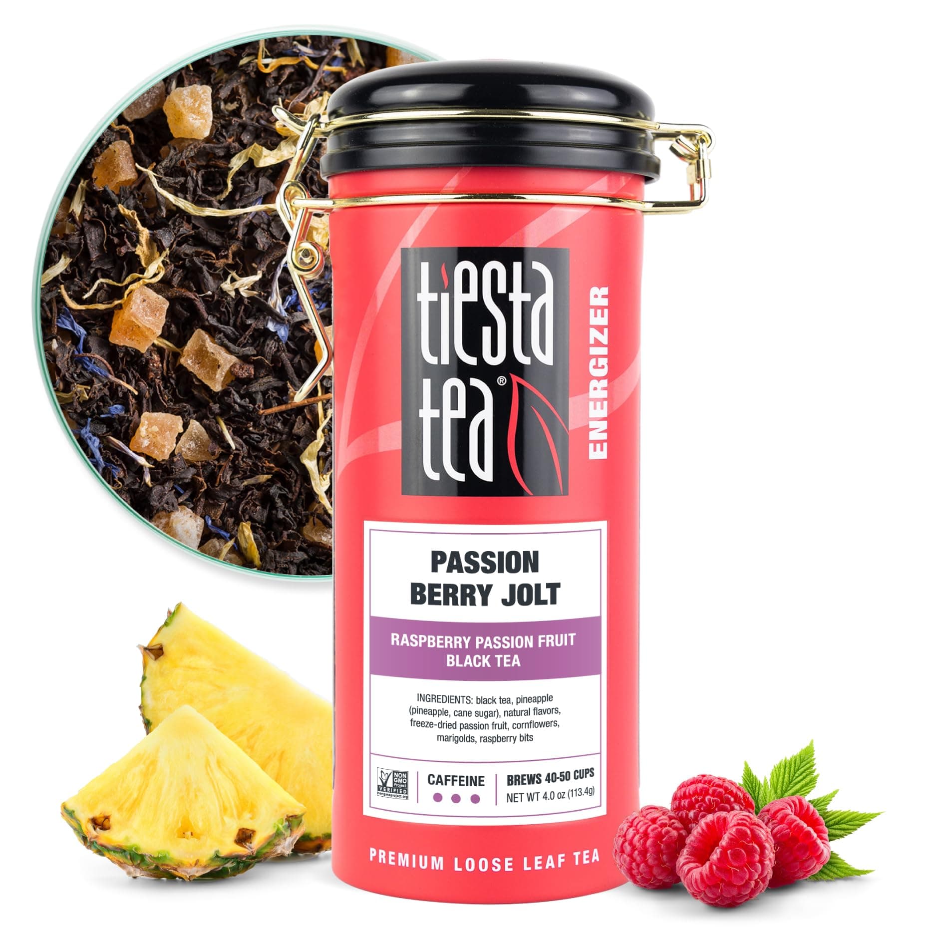 Tiesta Tea Passion Berry Jolt, Raspberry Passion Fruit Black Tea, 50 Servings, 4 Ounce Tin, High Caffeine, Loose Leaf Black Tea Energizer Blend, Non-GMO