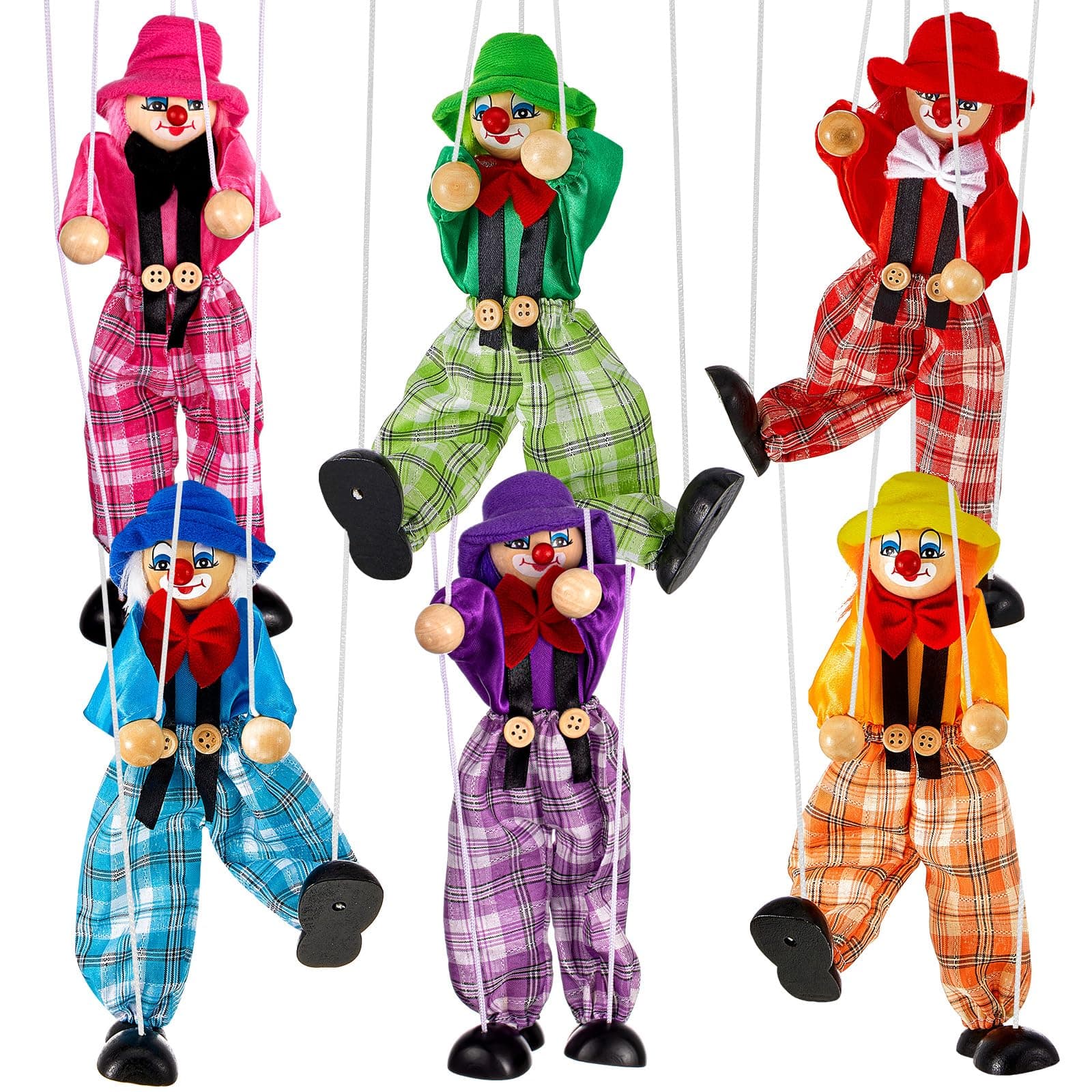 6 Pack Wooden Marionette Puppets Pull String Puppets, Include 6 Colors Clown Marionette String Clown Doll for Birthday Theater Puppetry Party
