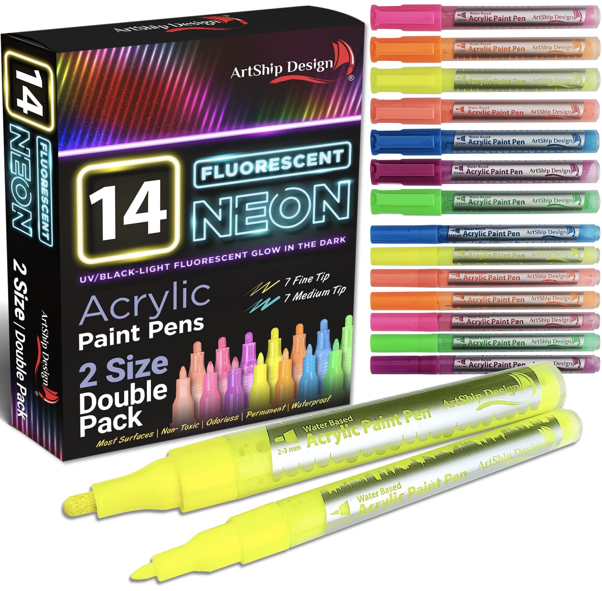 14 Pack Neon UV Fluorescent Acrylic Paint Pens, Twin Pack of Extra Fine and Medium Point Paint Markers, for Rock Paint, Cup, Ceramic, Glass and More, Based on