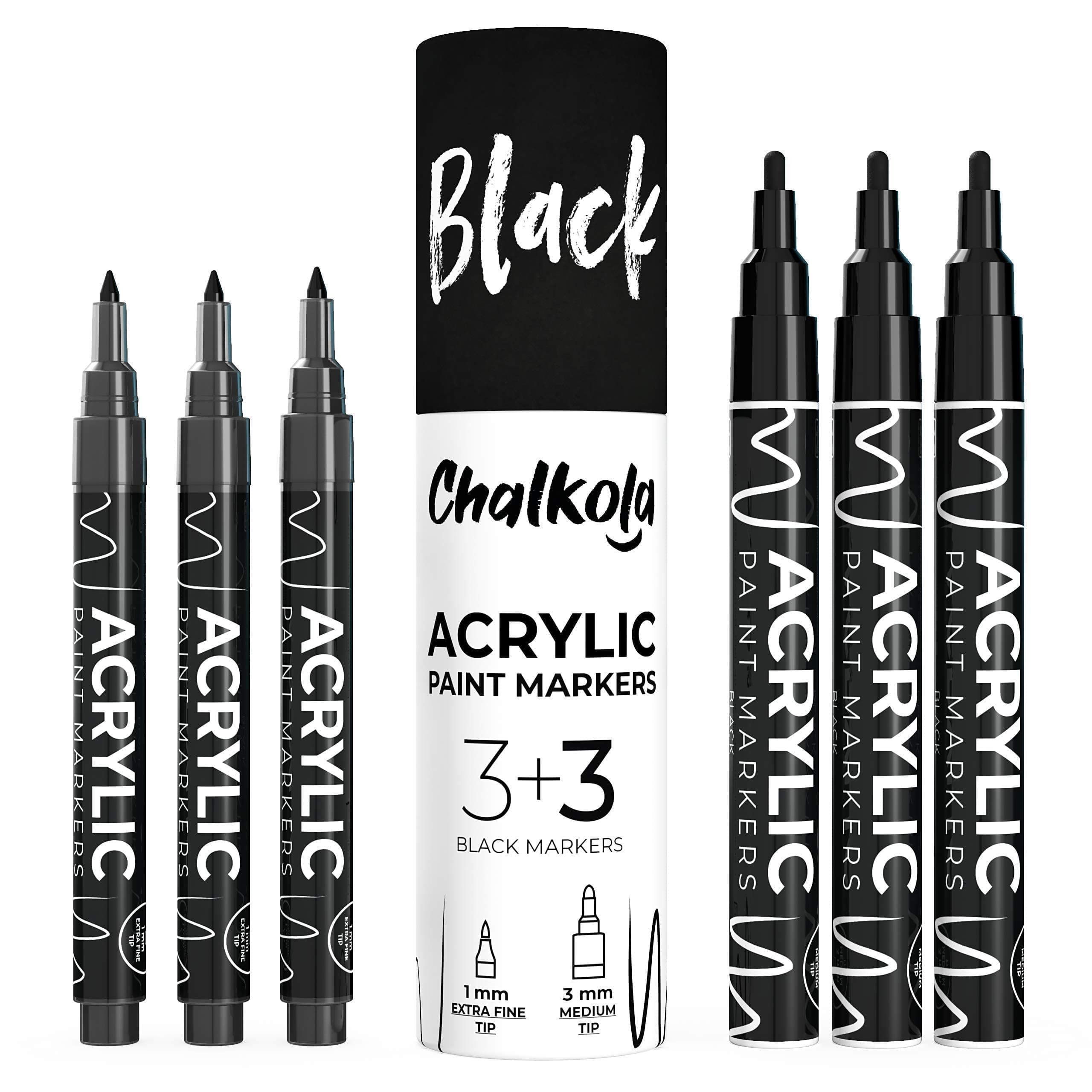 ChalkolaAcrylic Black Paint Pen (6 Pack) Extra Fine Point (1mm) & Medium Tip (3mm) - Permanent Black Marker Ink for Rock Painting, Fabric, Tire, Metal, Wood, Canvas, Glass, Plastic, Stone, Ceramic