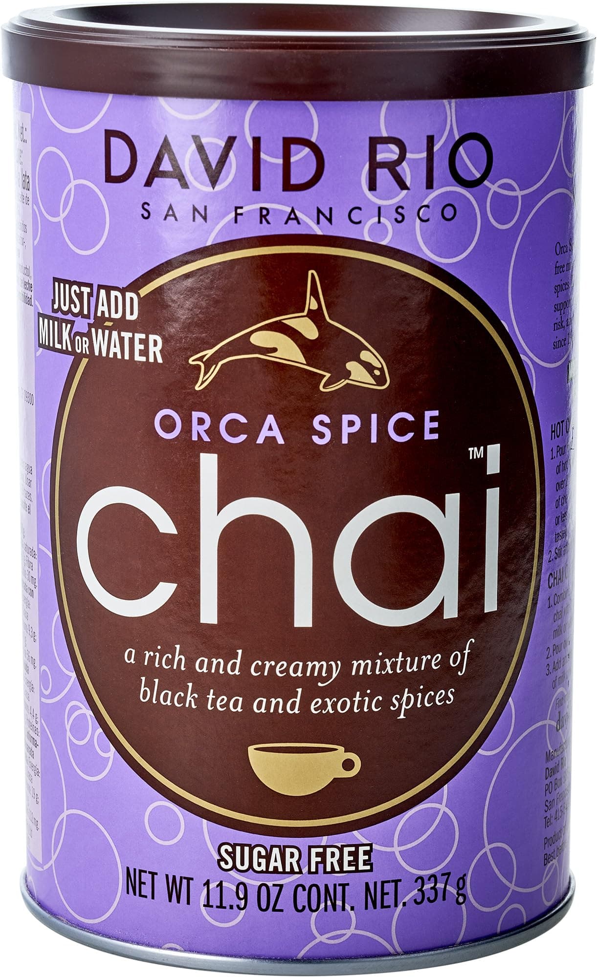 Orca Spice Reduced Calorie Chai Tea Latte Mix, 11.9 Oz, Black Tea, Organic Spices, Sugar Free, Dairy Free, Serve Hot or Cold, Just Add Water or Milk, 18 Servings