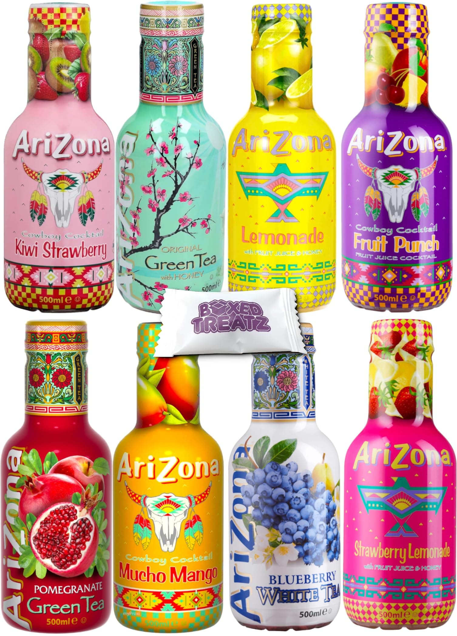 Arizona Tea Mix Bundle - 8 Flavours | Blueberry White Tea, Fruit Punch, Kiwi Strawberry, Watermelon + More | PACK OF 12x500ml MIX 2pc Each - 6 Flavours Boxed Treatz