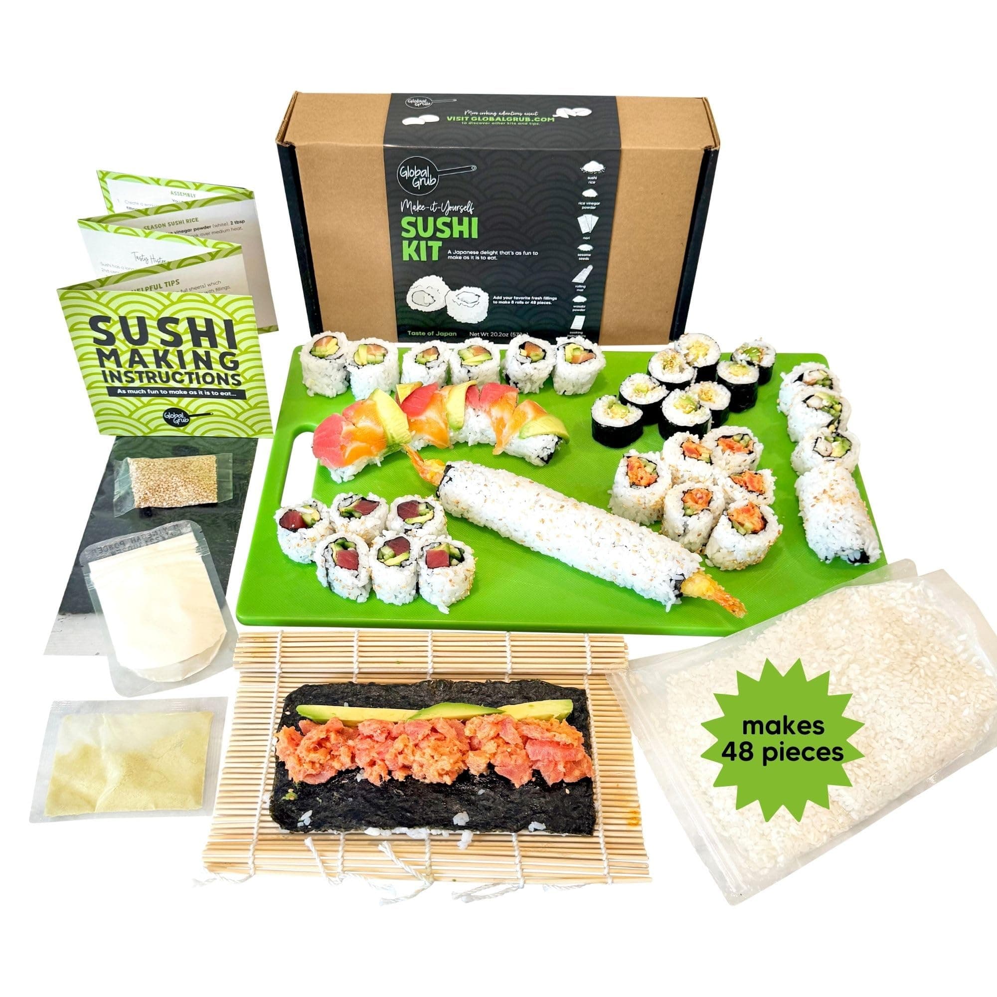 Global Grub DIY Sushi Making Kit - Sushi Kit With Ingredients - Sushi Rice, Nori Sushi Seaweed, Sushi Rice Seasoning, Sesame Seeds, Wasabi Powder - Bamboo Rolling Mat, Instructions, Makes 48 Pieces