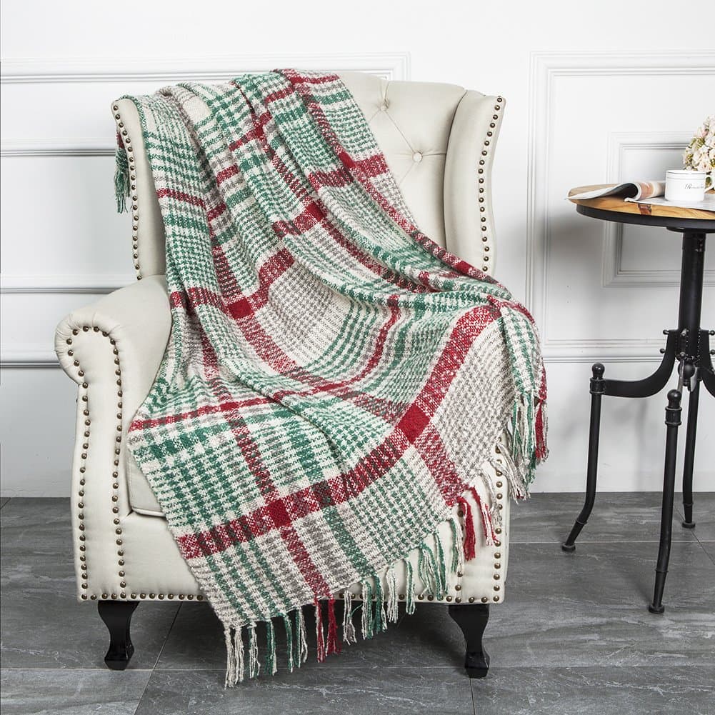 G Lake Green Red Plaid Blanket Throw Acrylic Soft Reversible Dyed Fringed Bed Blanket for Christmas Indoor Decorations 50" W x 67" L -Christmas Color