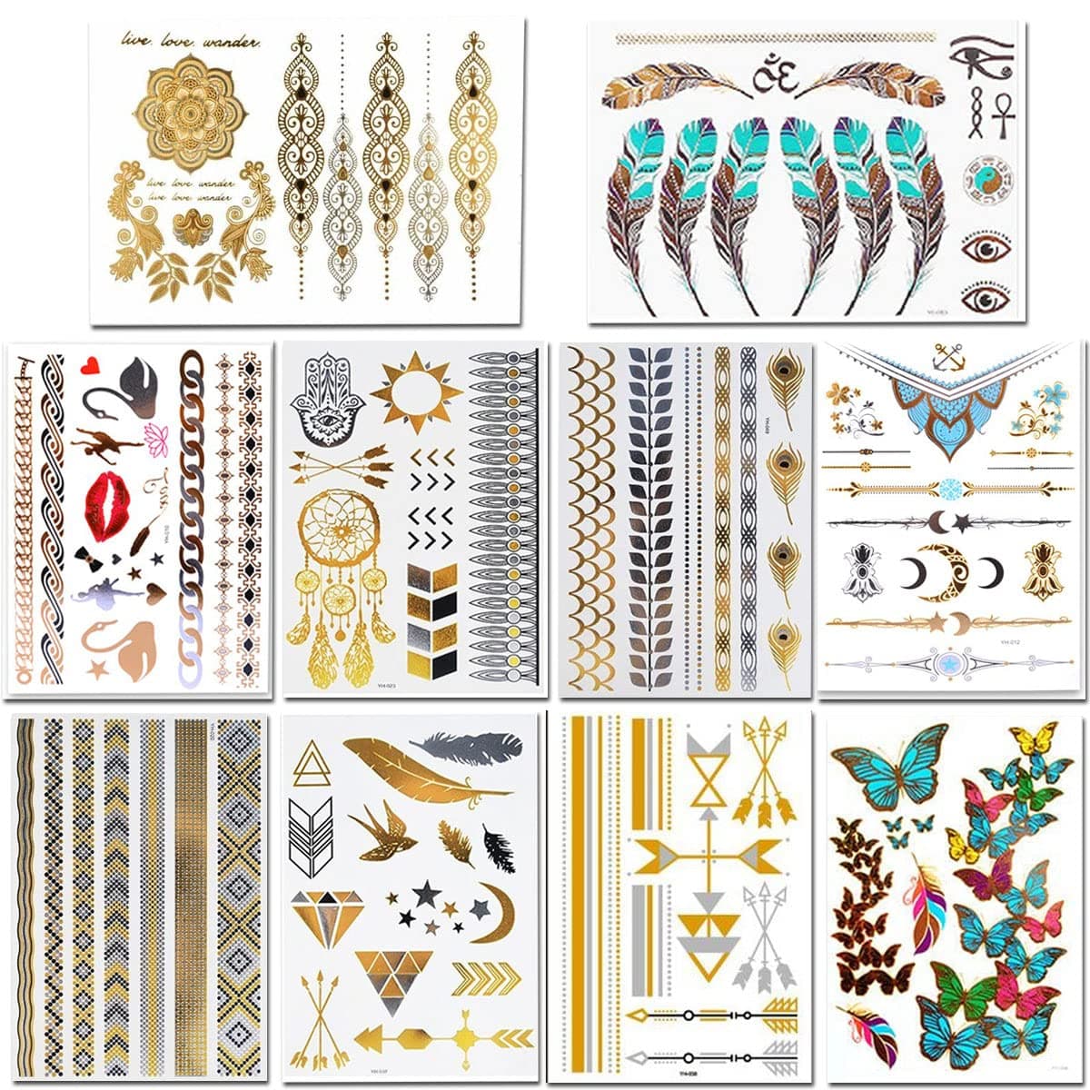 Metallic Temporary Tattoos 10 Sheets, 200 Designs Gold Silver Fake Jewelry Tattoos Body Art Sticker Cover Up Set for Adult Girl Women Teens Kids