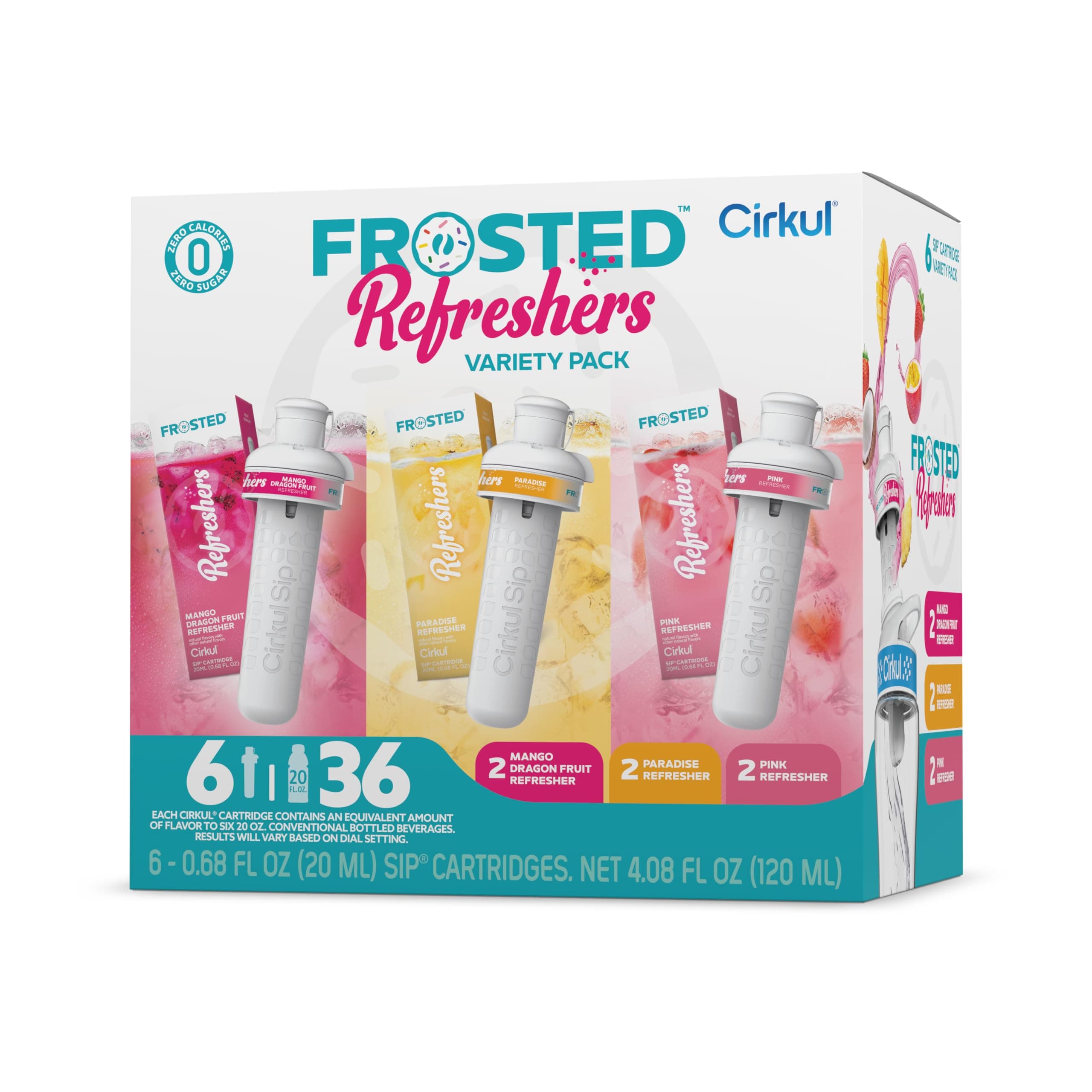 Frosted Refreshers Caffeine Flavor Water Variety Pack, Makes 36 Drinks, No Sugar, Zero Calorie Drink Mix, (2 Pink, 2 Mango Dragon Fruit, 2 Paradise)