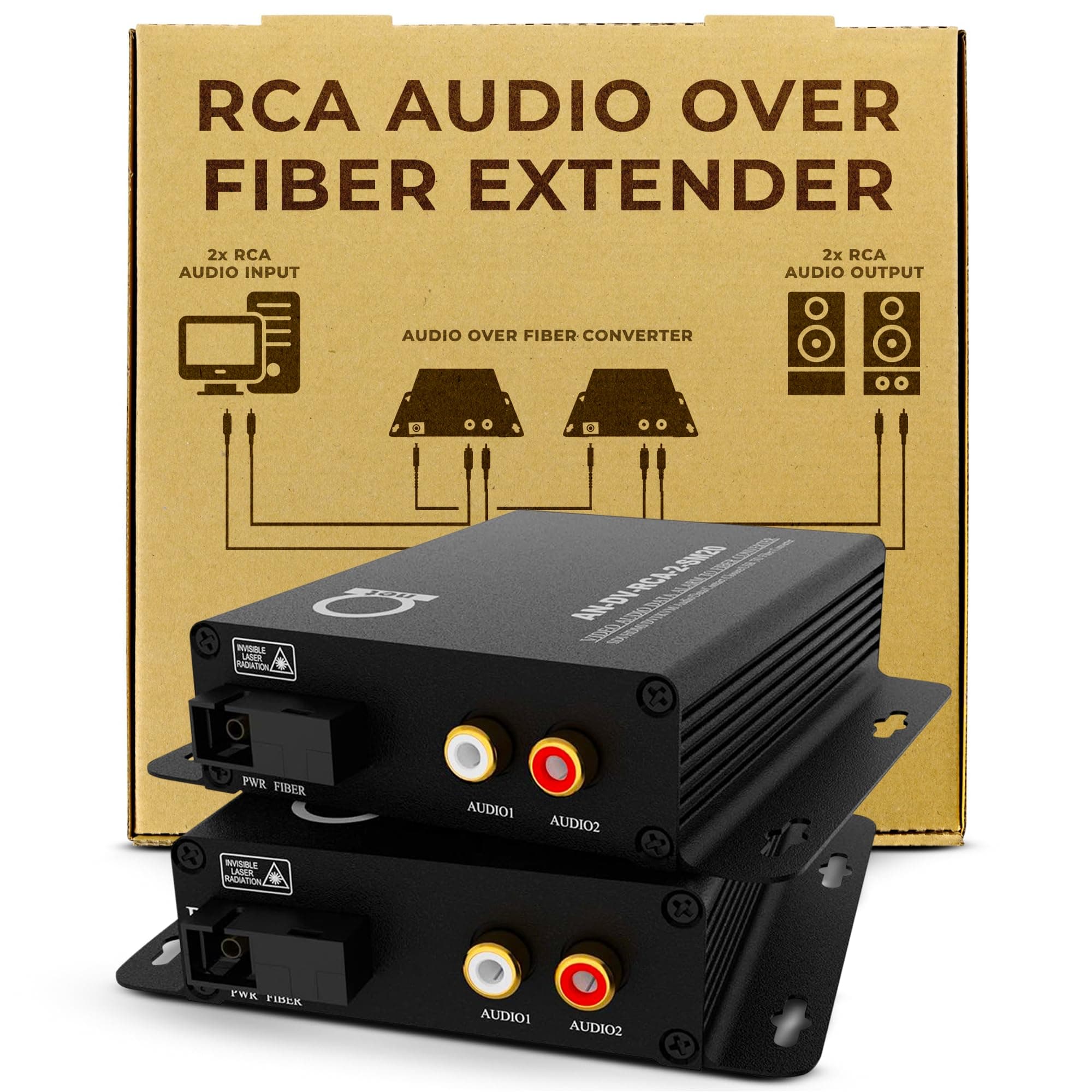 RCA Audio Over Single Mode Fiber Converter – Extender Kit with 2-Channel Audio to SM Optical Media Converter, 2 x RCA Ports, Transmitter & Receiver