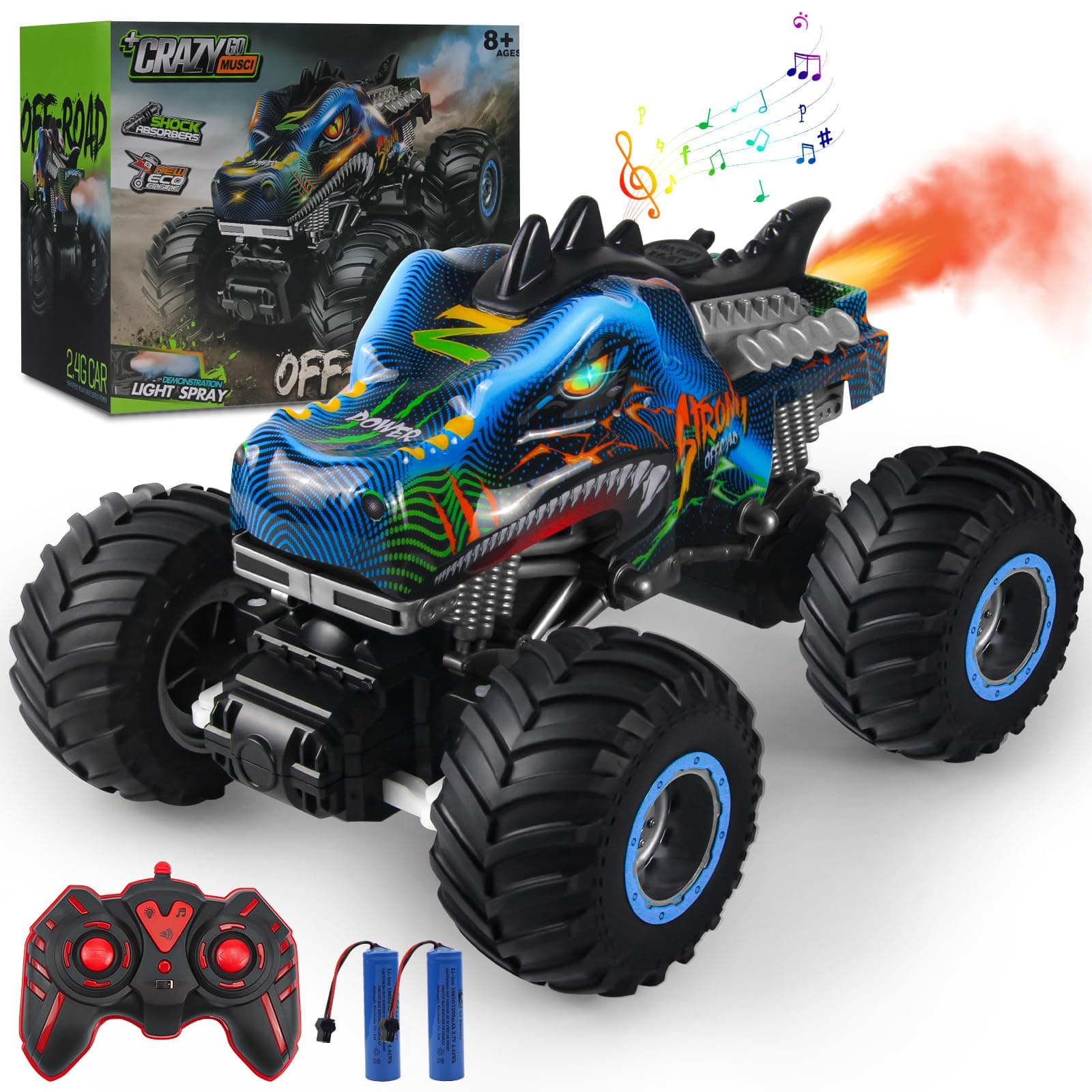 Remote Control Car 1:16 Scale RC Car Dinosaur Monster Truck Toy Vehicle with Spray Mist Music LED Lights, 2.4 GHz 15 Km/h High Speed Truck,Electric Toy Cars Best Gift for Age 4 5 6 7 8 9 Kids