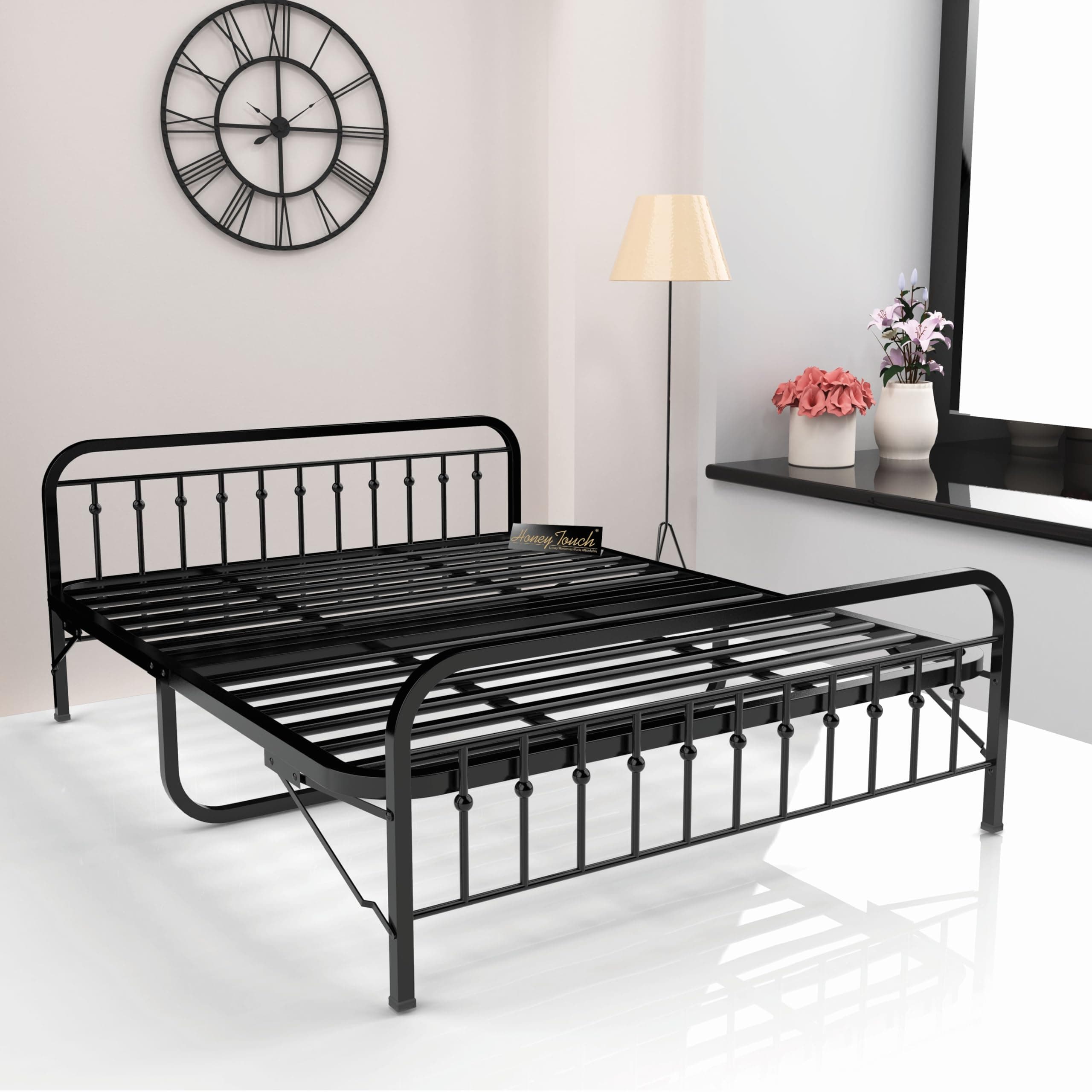 Honey Touch Nova Folding King Size Bed Without Mattress | No Assembly Required | Foldable Bed for Sleeping/Guests/Rented Apartments/Bedroom(6x6.25ft, Black)