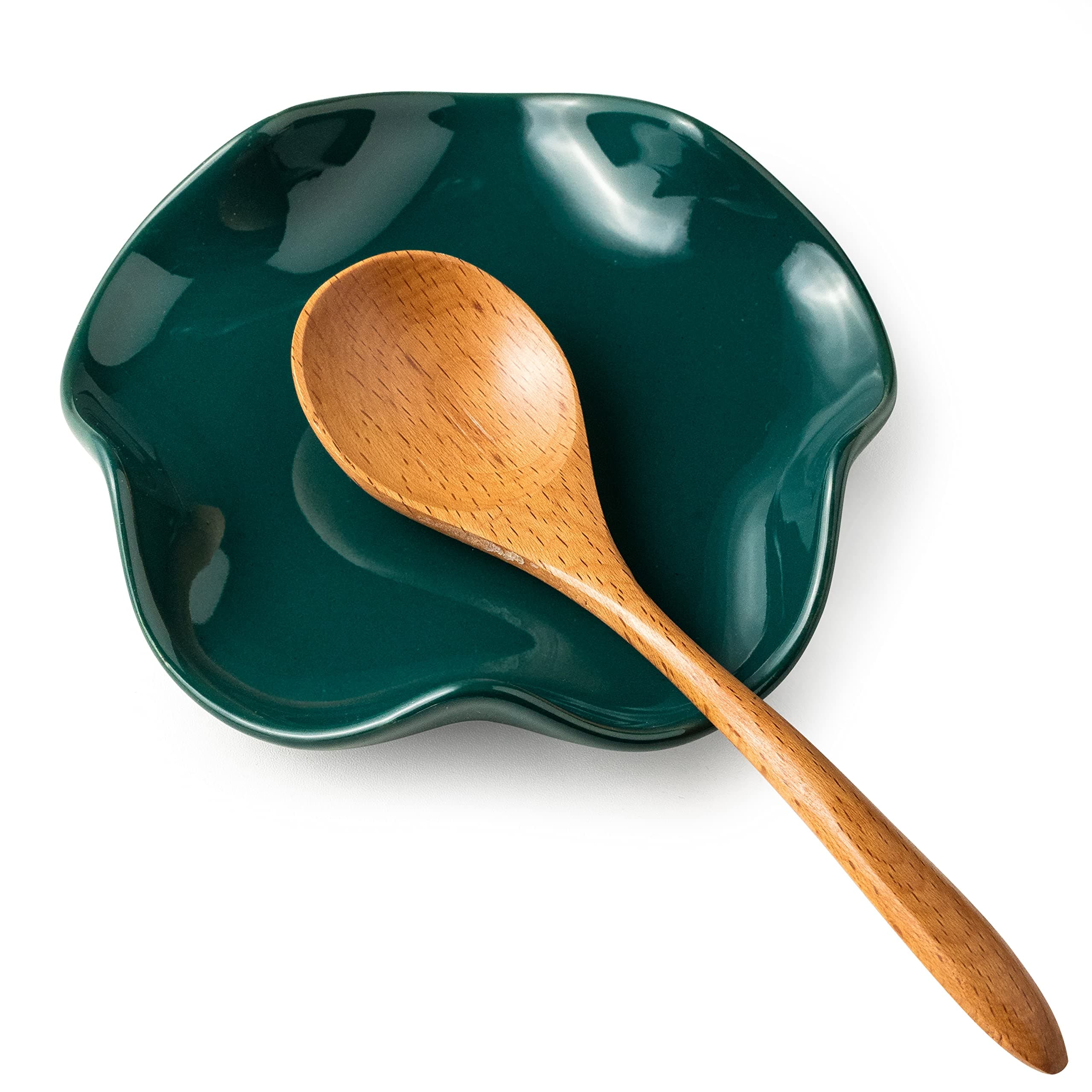 Miamolo Ceramic Spoon Rest for Kitchen Counter, Spoon Holder for Stove Top Coffee Bar, Cooking Utensil Holder, Cute Flatware Rests Heat Resistant & Dishwasher Safe for Housewarming Gifts, Dark Green