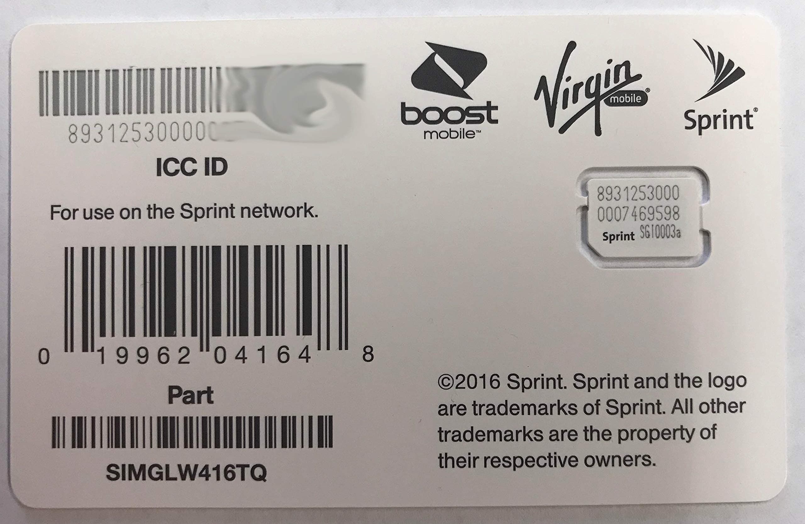 Sprint Nano sim Card iPhone Xs, iPhone Xs Max, iPhone XR SIMGLW416TQ