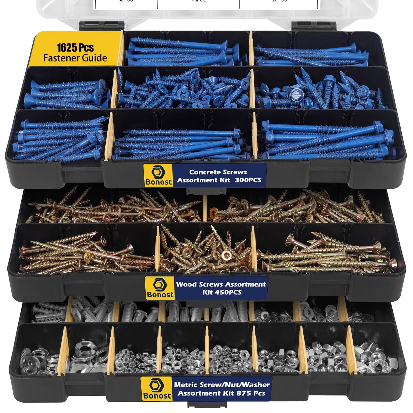 Bonost Hardware Concrete Assortment Kit 1625 Pcs- Concrete Screw Set with Assorted Nuts, Bolts, and Wood Screw (3 Trays)