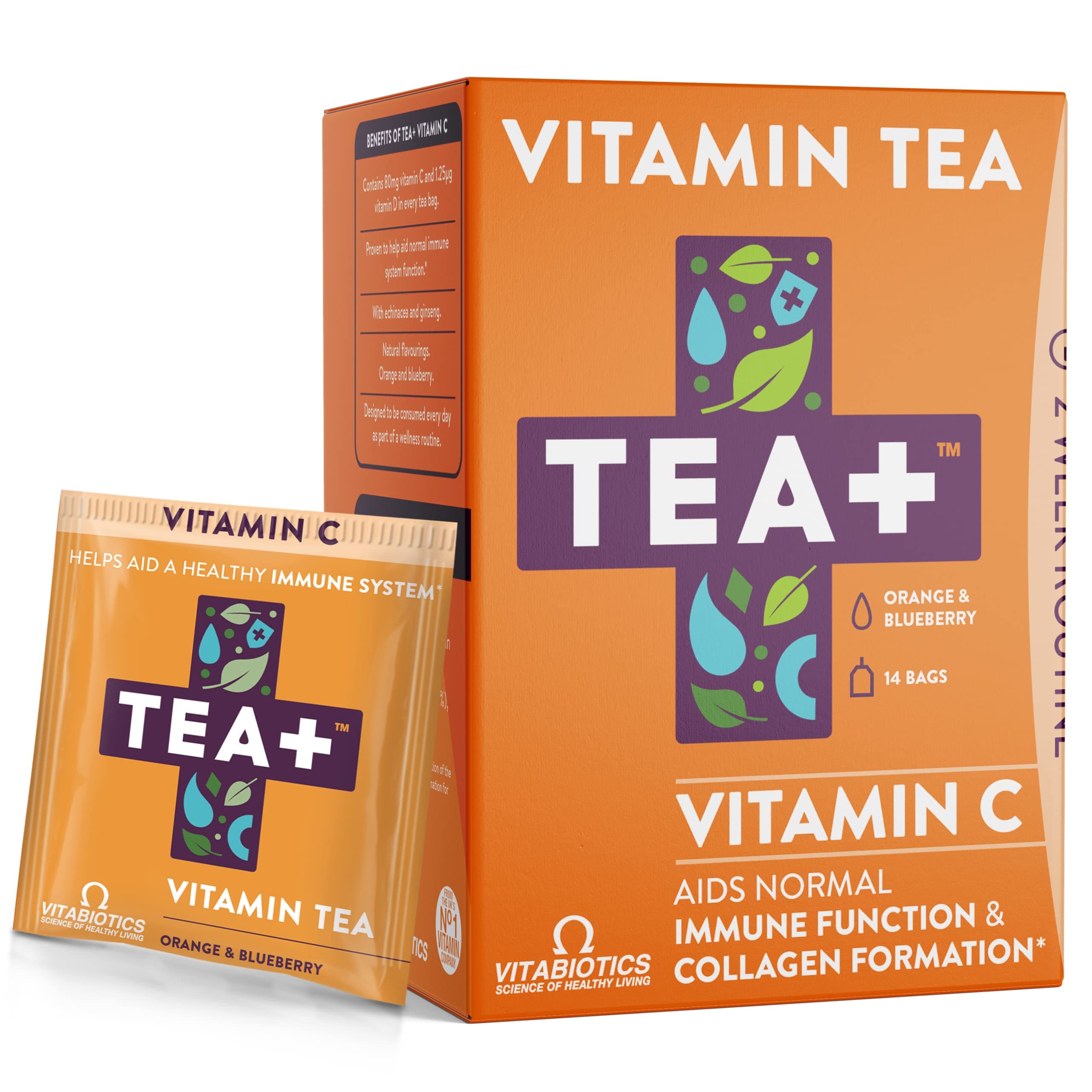 Vitabiotics TEA+ ( Tea Plus ) Vitamin C Supplement Tea, 100% RDA Vitamin C In Every Bag, Provides Immune Support, Easy To Swallow, Herbal Tea Orange & Blueberry Flavour, 14 Day Supply