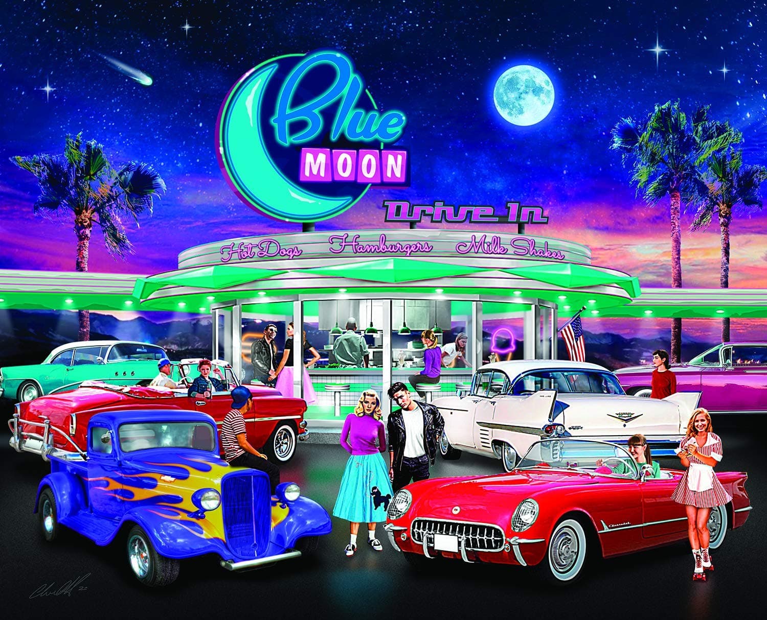 Bits and Pieces – 300 Piece Jigsaw Puzzle for Adults – Blue Moon Drive in - 50's Diner Movie Theater Car Jigsaw Puzzle by Artist Chris Dobrowolski, Completed Puzzle Size: 18" x 24"