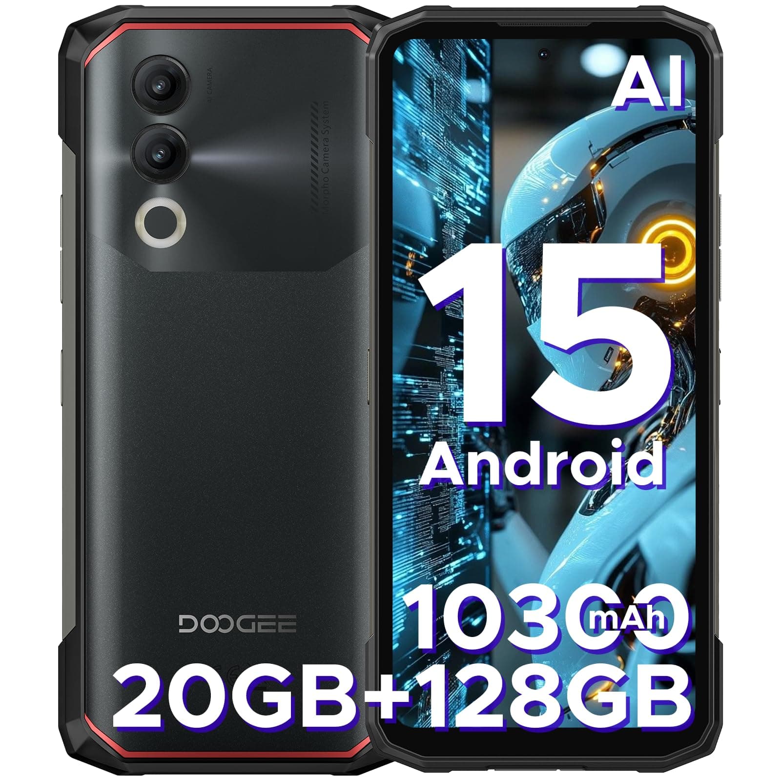 DOOGEE Blade 20 AI Rugged Smartphone - Android 15, 10300mAh Battery, 20GB+128GB/2TF, 90Hz 6.6" Rugge phone, IP68/IP69K Waterproof Phone, 3 Card Slots, 4G Dual SIM/NFC/OTG/16MP/GPS/Face ID, 2025(Black)