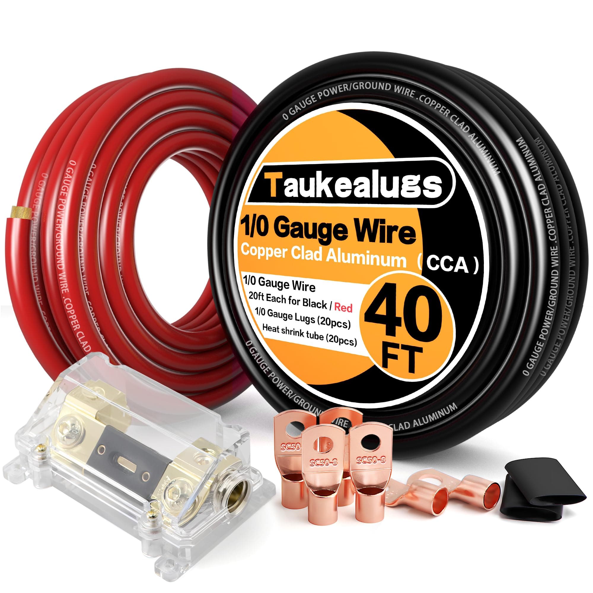 - 1/0 Gauge Battery Cable Wire Copper Clad Aluminum CCA Amp Wiring Kit 40FT Black/Red for Automotive Power Ground,Car Audio Speaker,Inverter Truck with 250A ANL Fuse Holder Lug Terminal Heat Shrink Tube