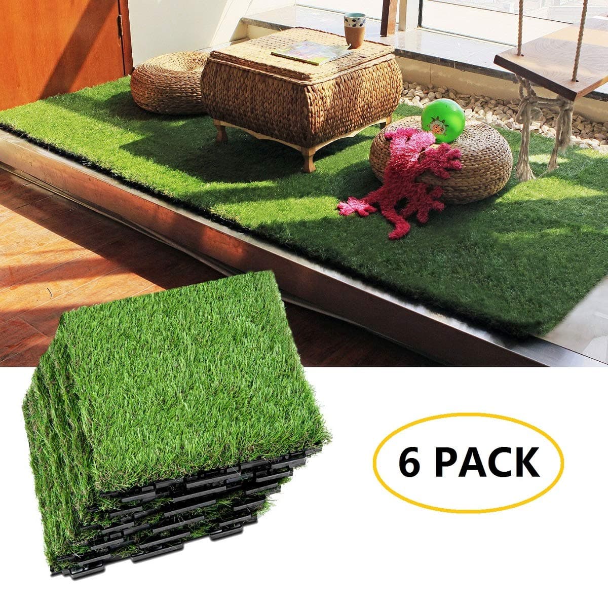 Artificial Grass Tile Interlocking Grass Deck Tiles Realistic Fake Grass Flooring Mat for Patio, Dog, Pet, Playroom, Gym 1' X 1' (6 PCS)