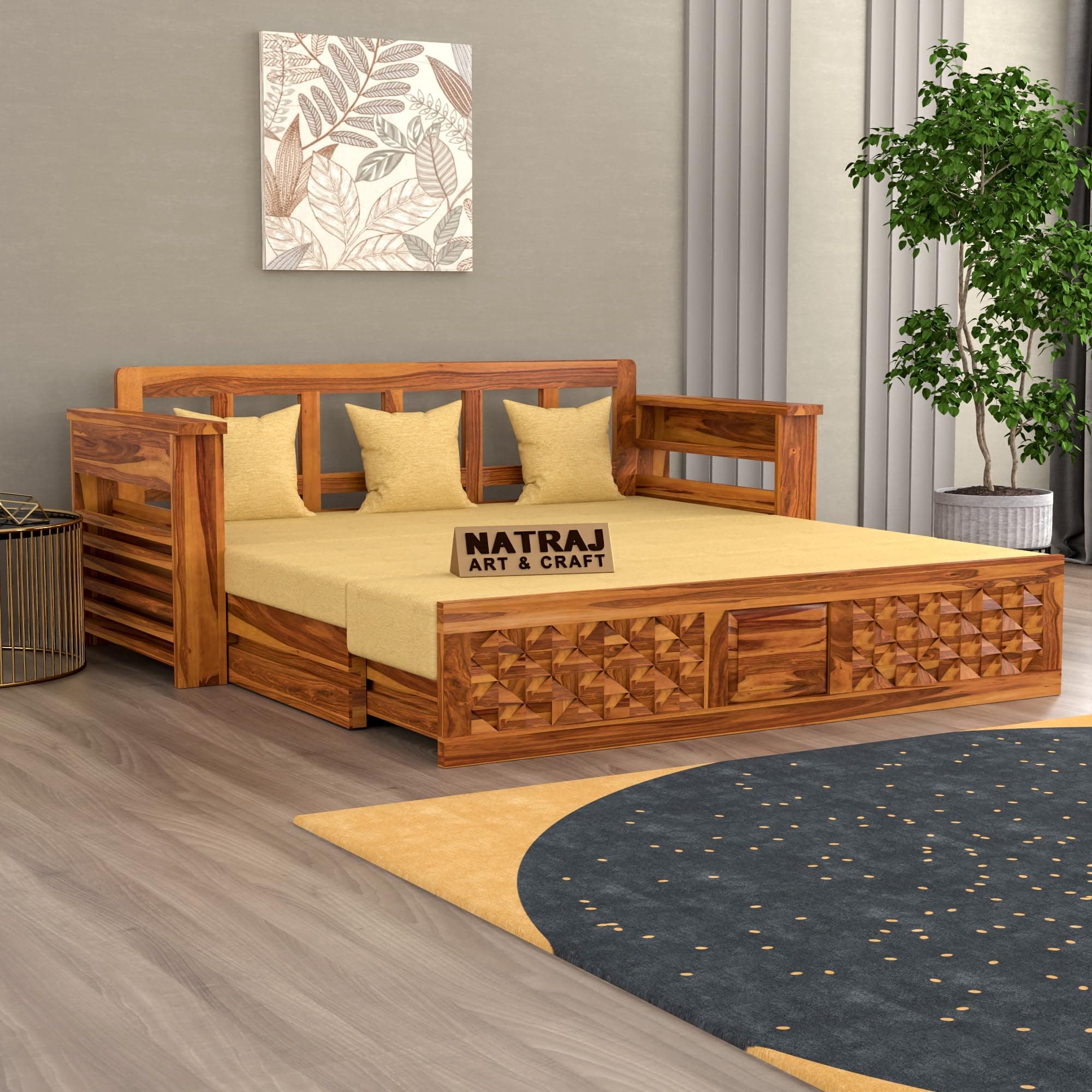 NATRAJ ART & CRAFT Solid Sheesham Wooden Sofa Bed with Mattress for Living Room | Rosewood 3 Seater Sofa Bed for Bedroom Without Pillow (Natural,Florex, 3 Seater)