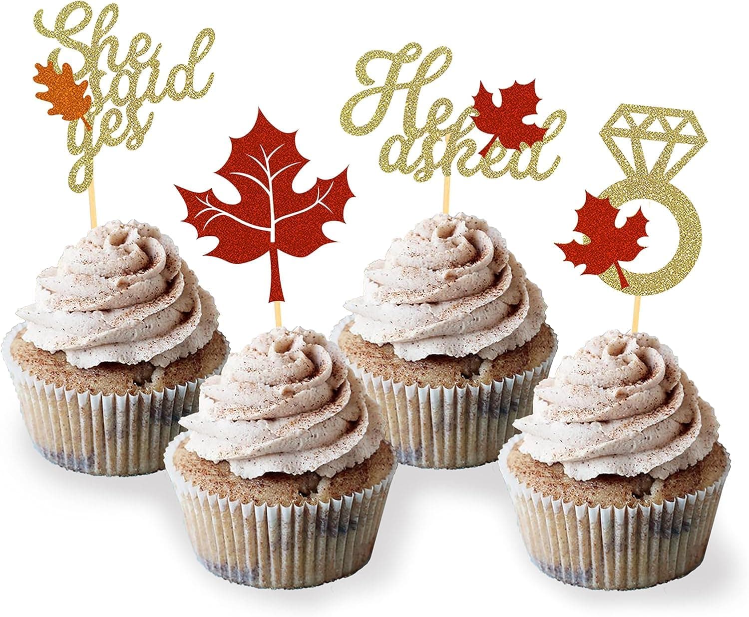 24PCS Fall Engagement Theme Cupcake Topper | He Asked She Said Yes | Fall Theme Party Decorations | Bridal Shower Cupcake Picks | Wedding Anniversary Bridal Shower Party Decorations