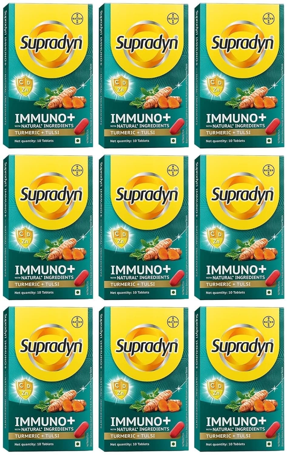 Supradyn Immuno +, Multivitamin Vit C, Vit D, Zinc, Unique blend of Tulsi, Turmeric, Shatavari & Ashoka, Pack of 9 x 10 Tablets