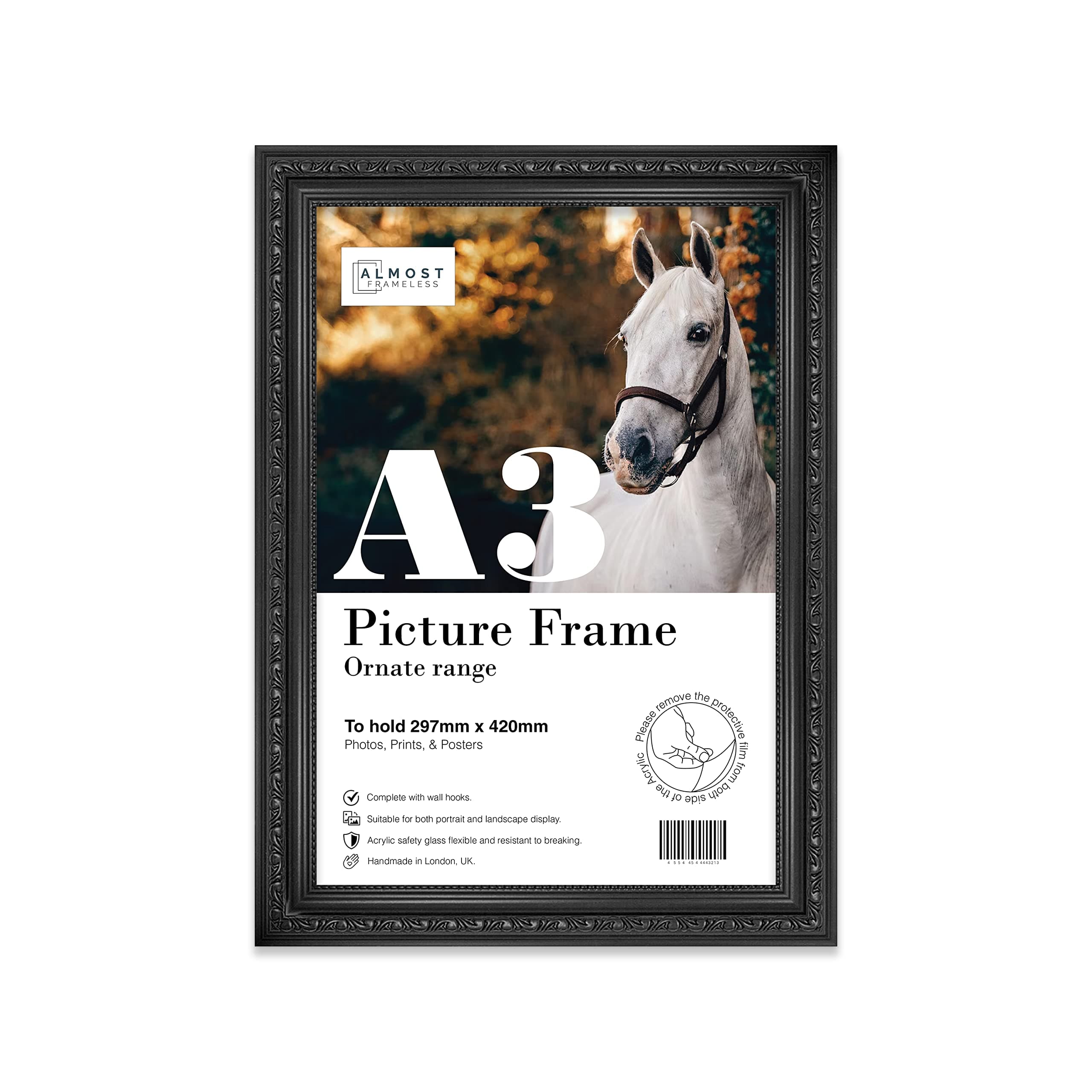 Almost Frameless A3 Black Ornate Picture Frame Fits A3 (29.7 x 42cm - 11.7 x 16.5in) Poster, Photo, Artwork, or Print. Baroque Style Portrait and Landscape Display with Wall Hooks