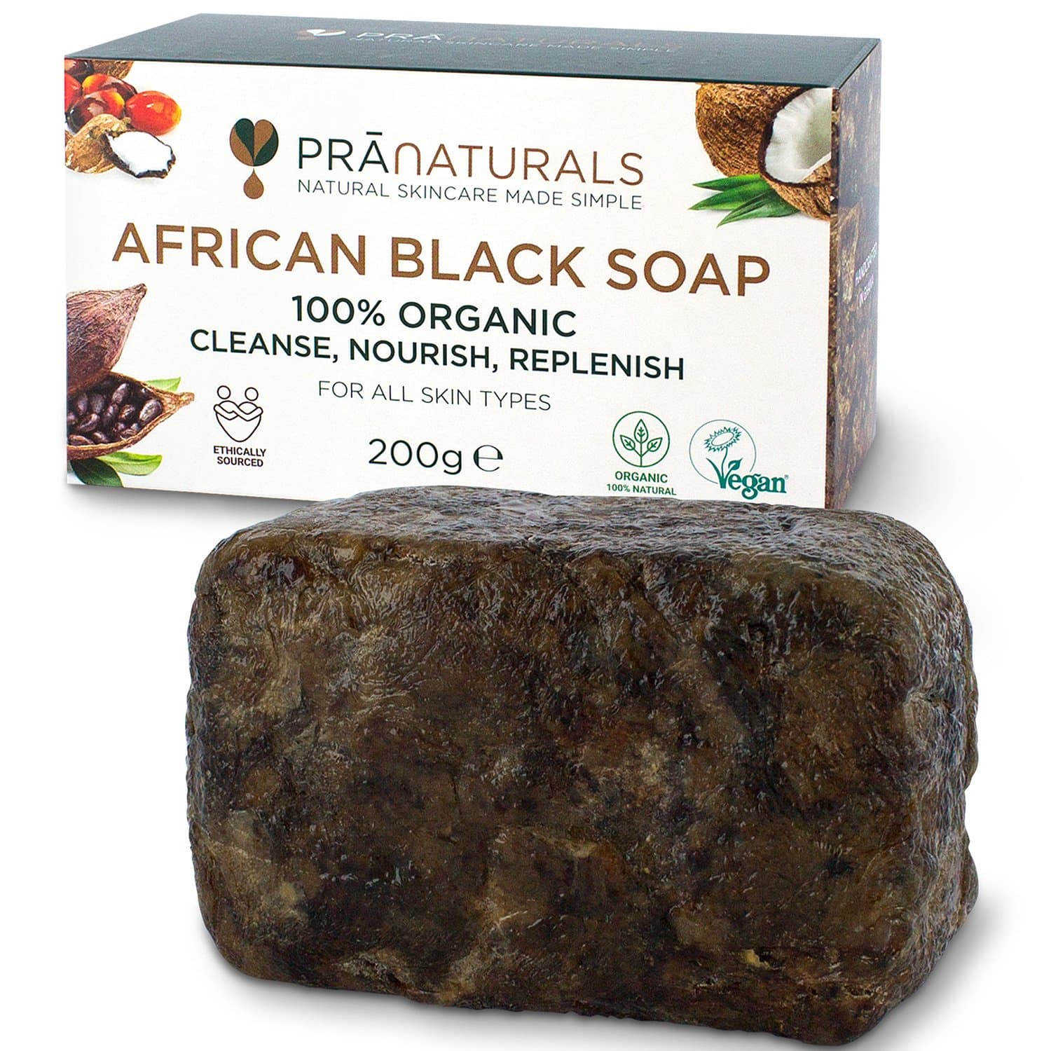 100% Organic Raw African Black Soap 200g, Ethically Sourced and Handcrafted in Ghana, For All Skin Types, Detoxifying and Anti-Ageing All Pure Natural, Vegan, Unprocessed