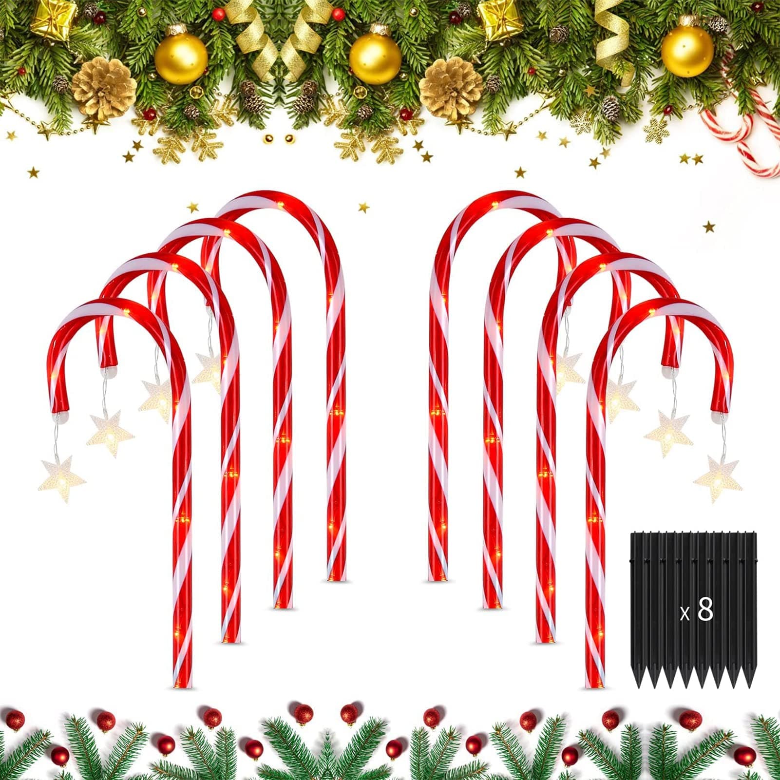 Christmas Candy Cane Pathway Markers Lights, Large Candy Cane Decorations with Snowflakes, 8 Modes, Indoor & Outdoor Christmas Decorationsor Outdoor Indoor Holiday Xmas Party Walkway