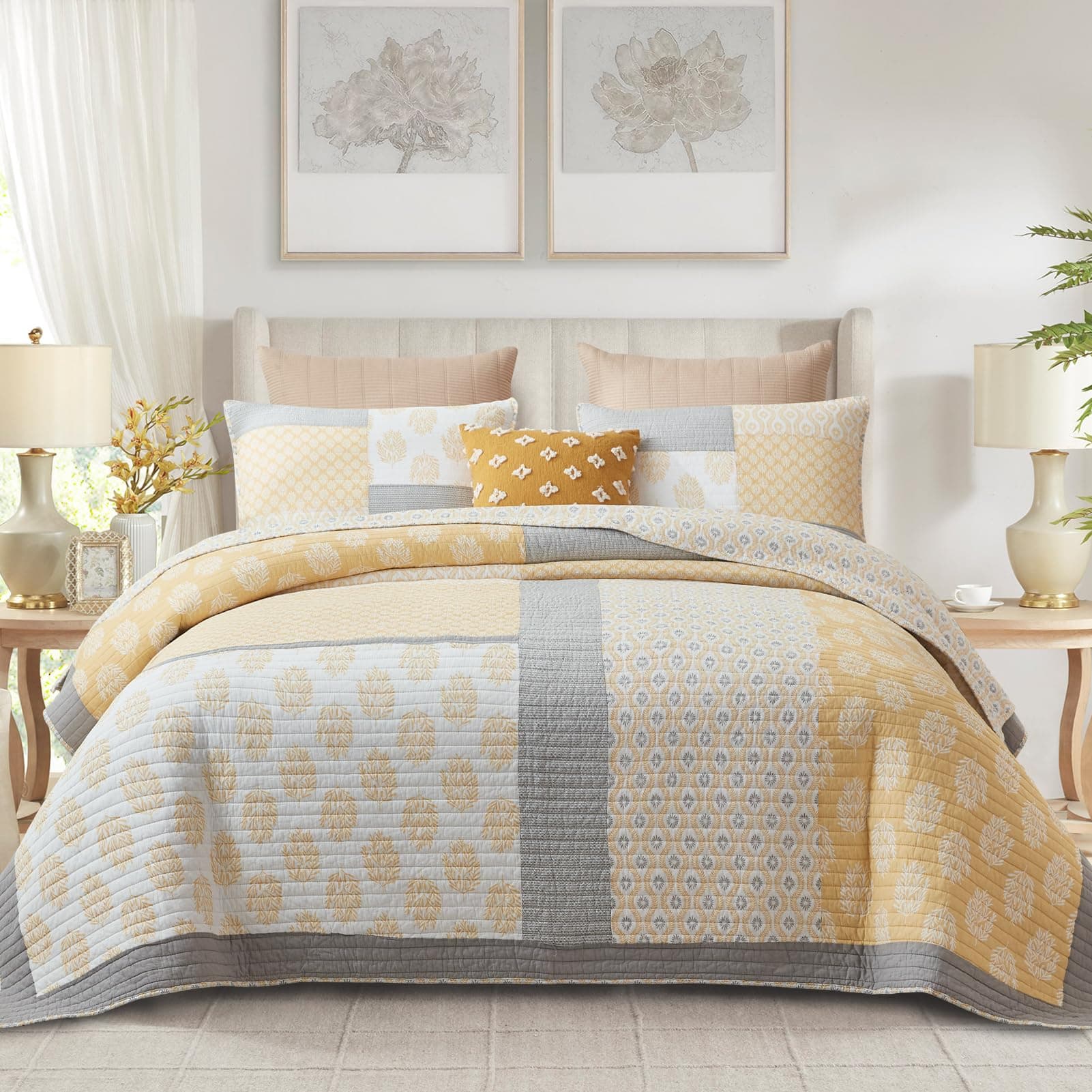 Finlonte King Size Quilt, 100% Cotton Comforter King Size, Yellow Grey Farmhouse Quilted Bedspread, Patchwork Lightweight Reversible Quilt Bedding Set for King Bed, 3-Pieces