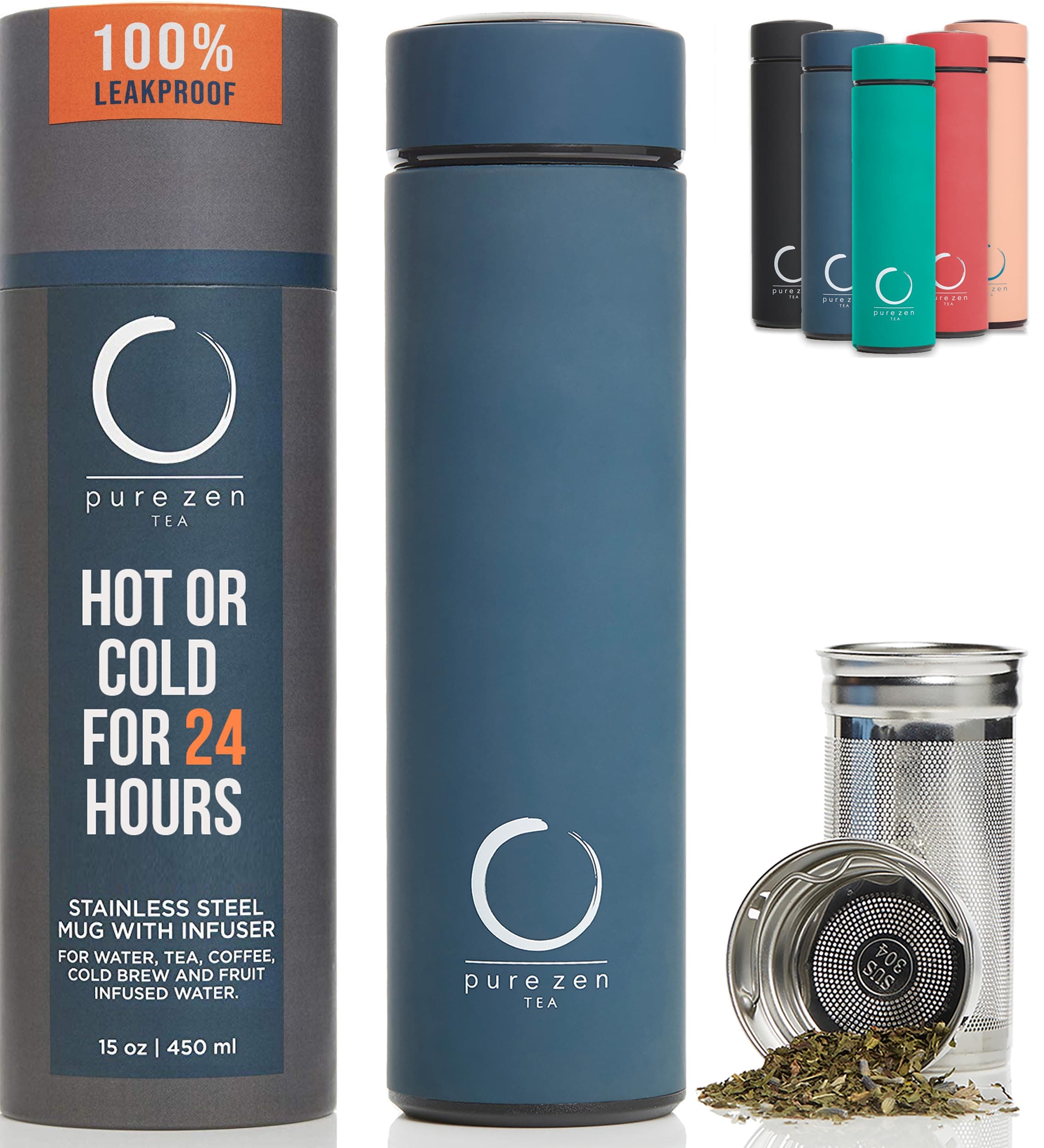 Pure Zen Tea Thermos with Infuser for Hot and Cold Infusions - Stainless Steel - Tea Infuser Bottle - Leakproof Travel Mug with Filter - 15oz - Blue