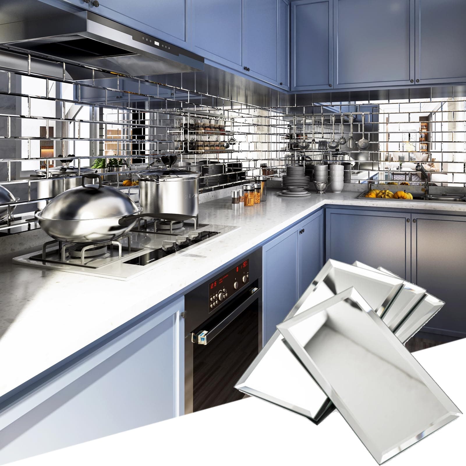 Diflart 5.7 Sq.ft Mirror Backsplash Tiles for Kitchen, Silver Subway, 4x8 Inch, Beveled Mirror Tile for Bathroom Bar Wall, Pack of 26 Pcs