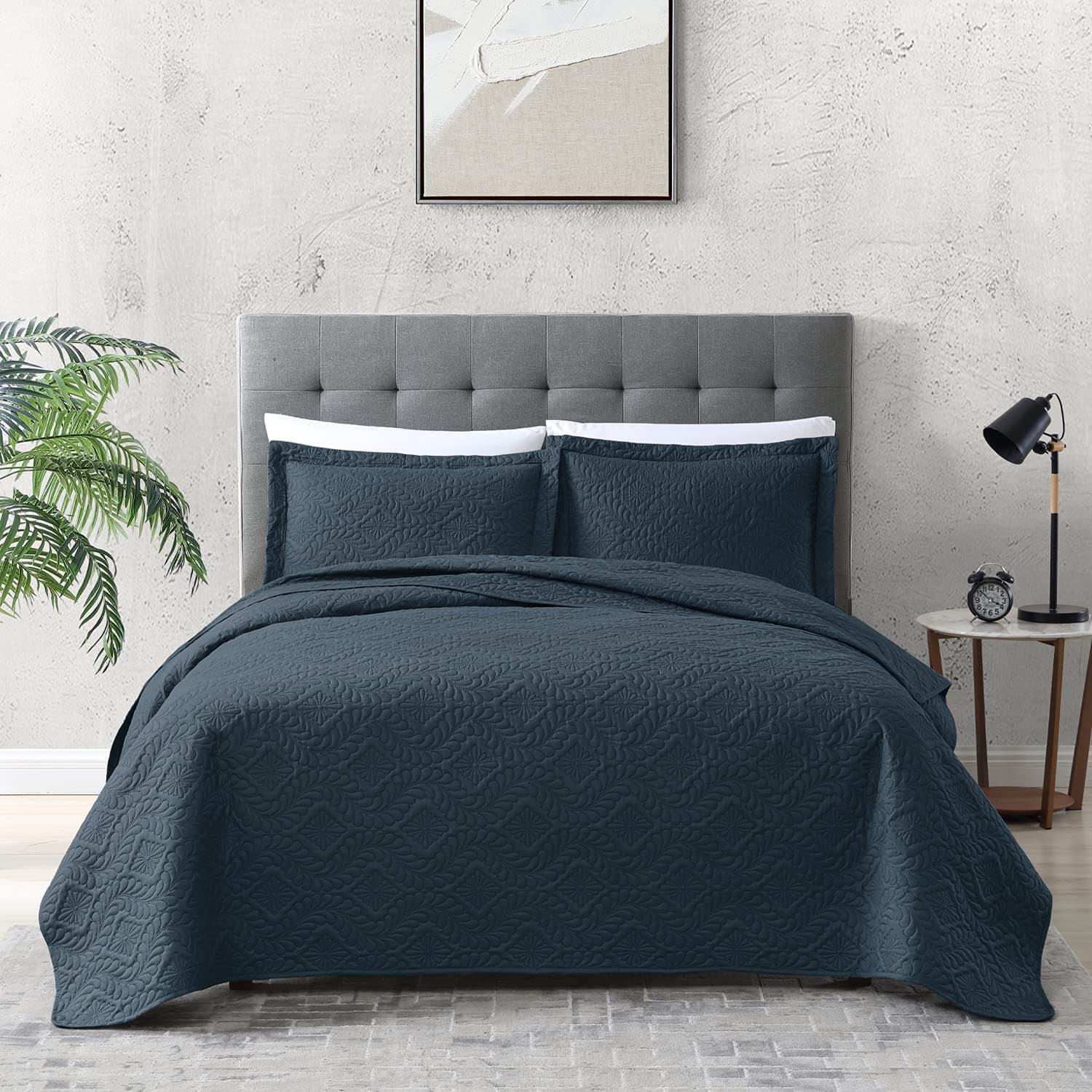 EXQ Home Quilt Set Full/Queen Size Navy 3 Piece,Lightweight Microfiber Coverlet Modern Style Wheat Pattern Bedspread Set(1 Quilt,2 Pillow Shams)