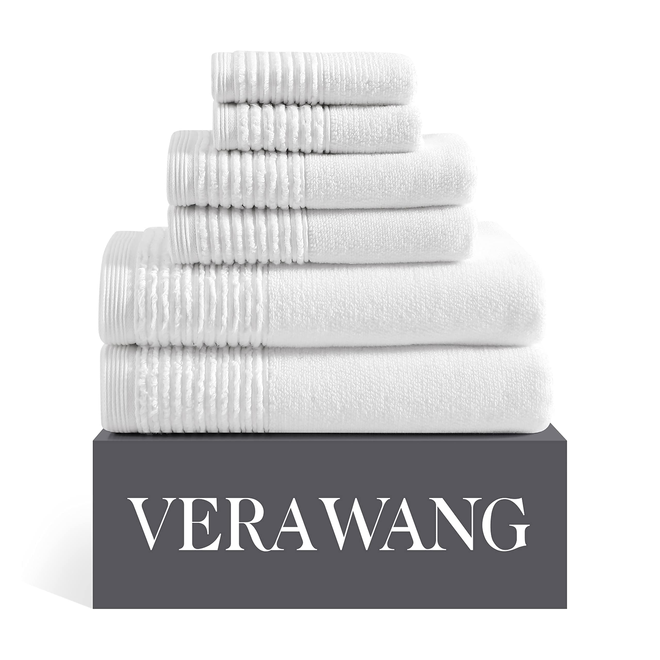 Vera Wang - Bath Towels, 100% Super Soft & Highly Absorbent Cotton Towel Set, Medium Weight Plush Feel, Low Linting & Fade Resistant Bathroom Towels (Sculpted Pleat White, 6 Piece)