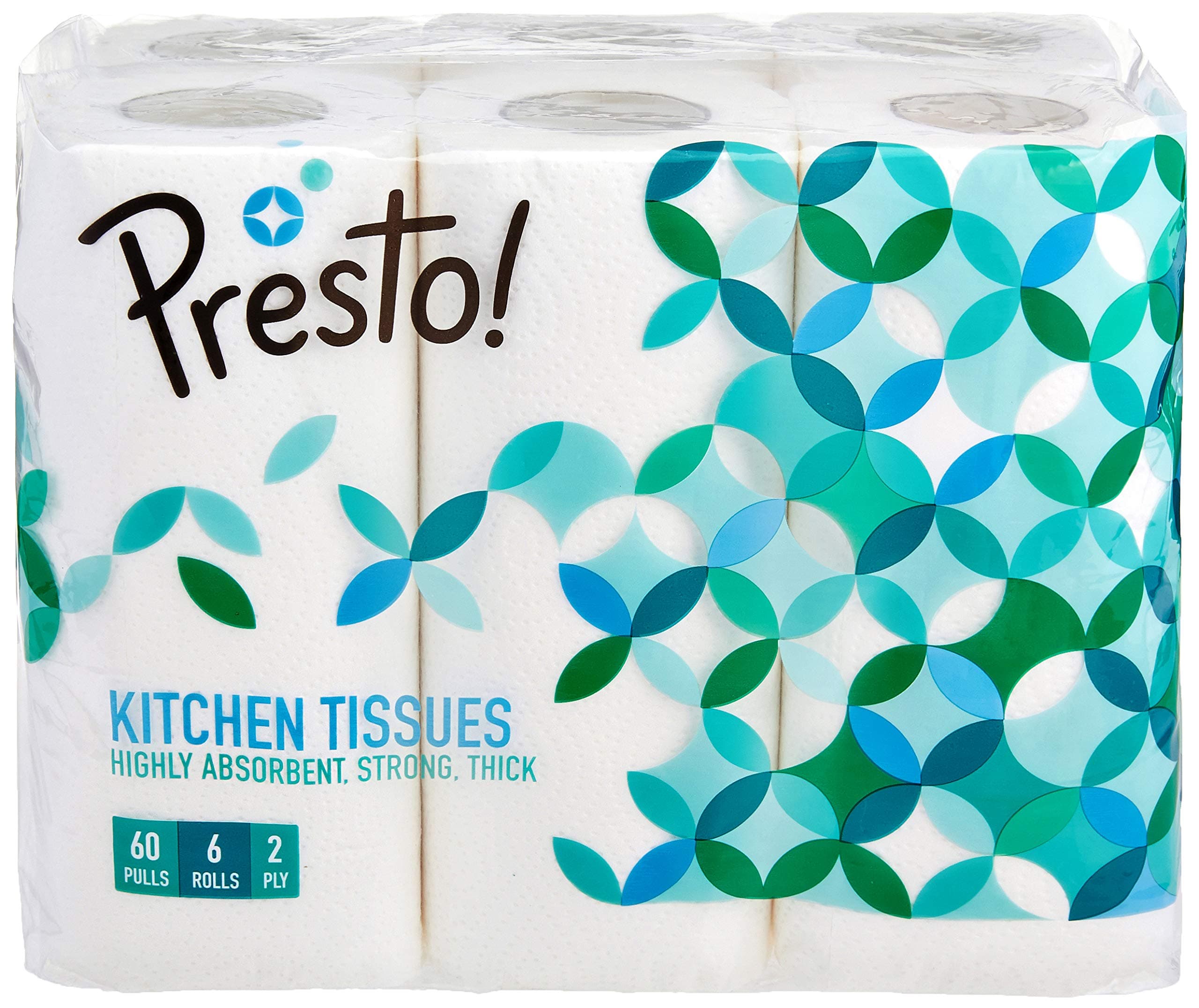 - Amazon Brand - Presto! 2 Ply Kitchen Tissue Rolls | 360 Pulls | 60 Kitchen Towels X 6 Rolls | Soft And Highly Absorbent | 100% Natural Virgin Cellulose Fiber