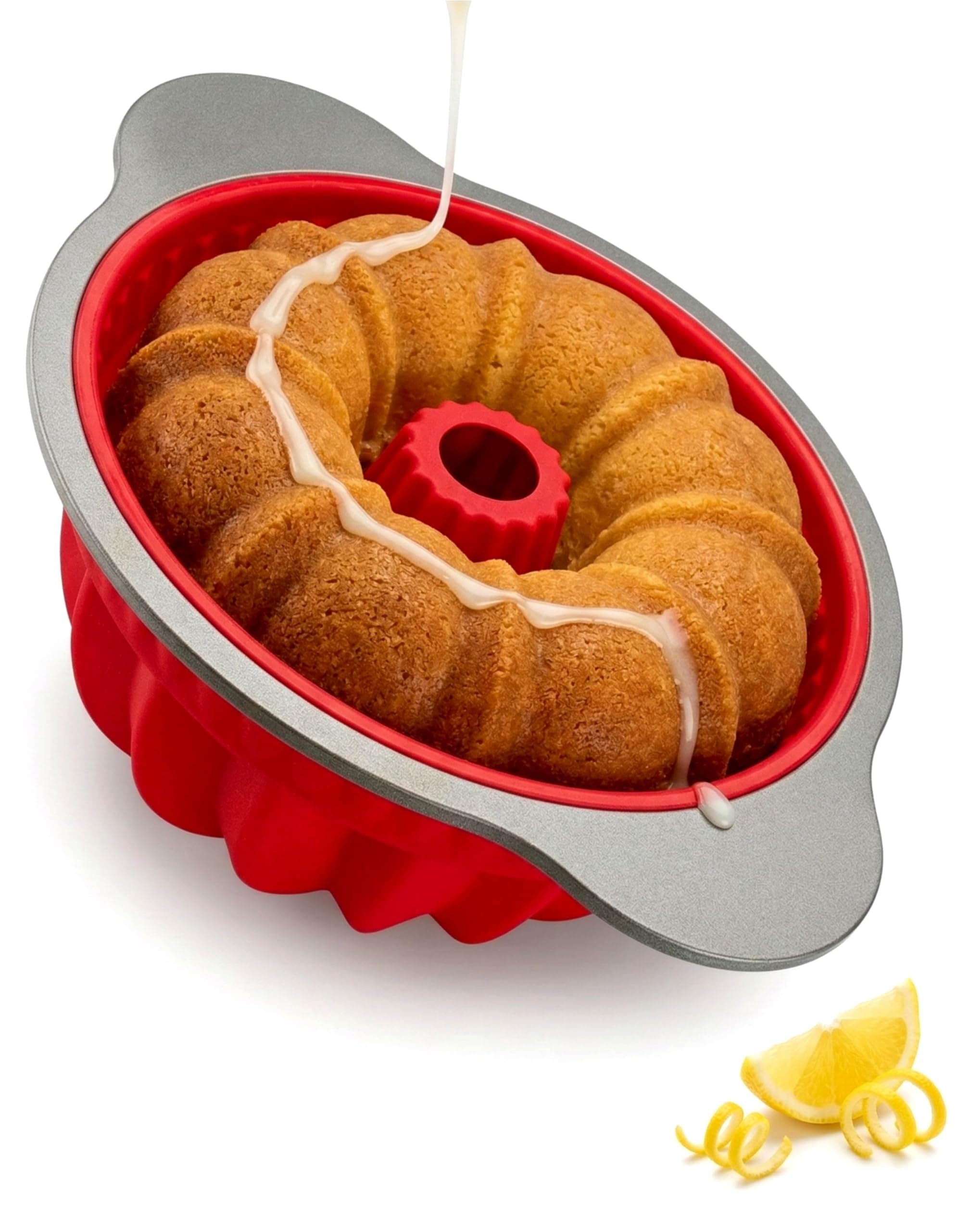 Non-Stick Silicone Pound Cake Pan with Steel Frame - BPA Free Fluted Bundt Cake Pan for Baking, Food-Grade Silicone with Easy Release and Silicone Grip Handles, Oven Safe for Pound Cake Recipes