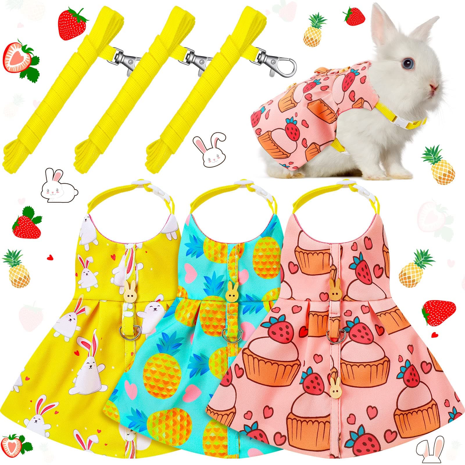 Weewooday 3 Piece Cute Rabbit Leash And Harness Set, Bunny Dress Clothes Walking Vest Escape Proof Pet Supply For Hedgehog Ferret Guinea Pig (Cake, Bunny, Pineapple)