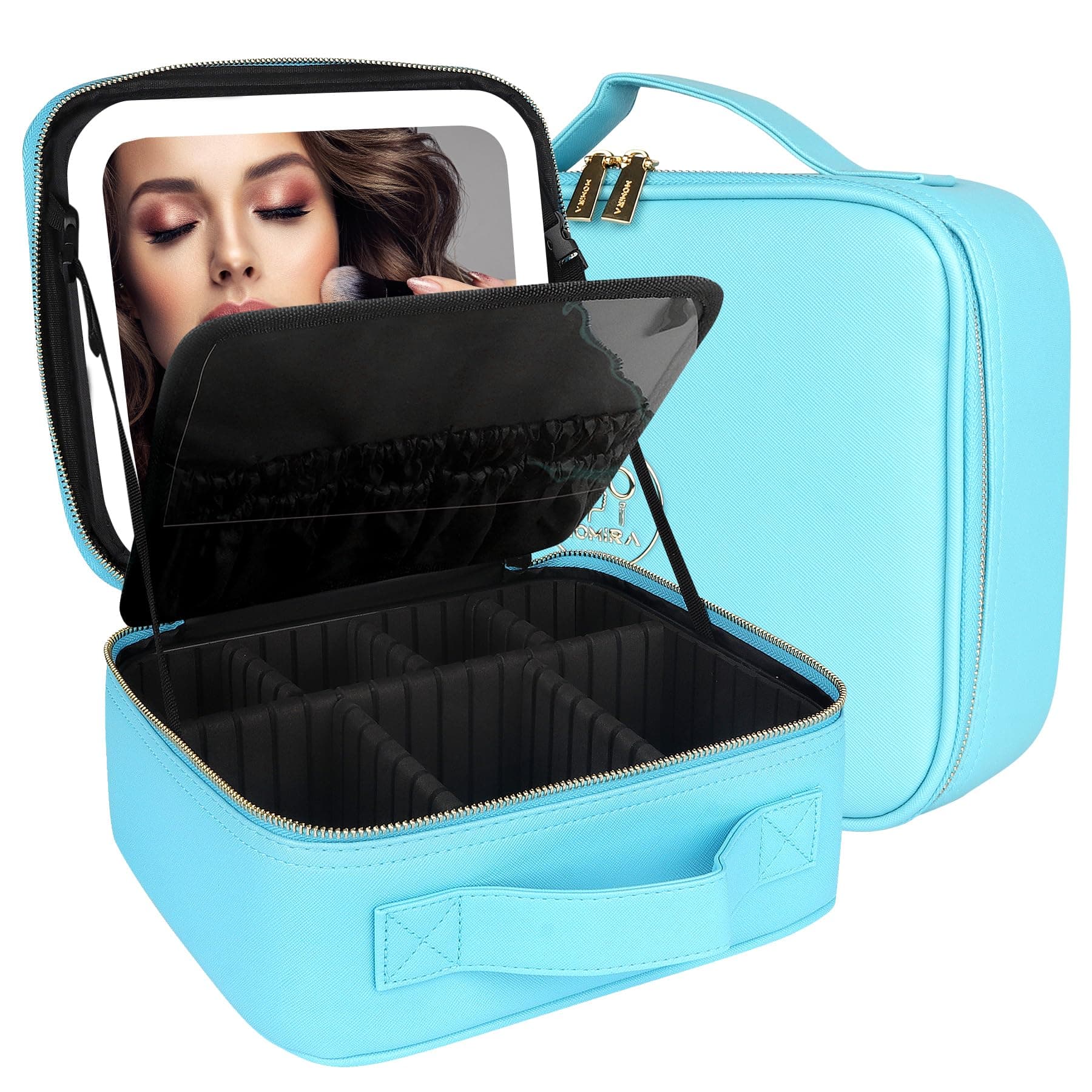 MOMIRA Travel Makeup Bag with Lighted Mirror, Adjustable Brightness in 3 Color Scenarios, Waterproof Makeup Train Case, Gift for Women, More than 20 Colors, Diamond Blue, Small, Integrated