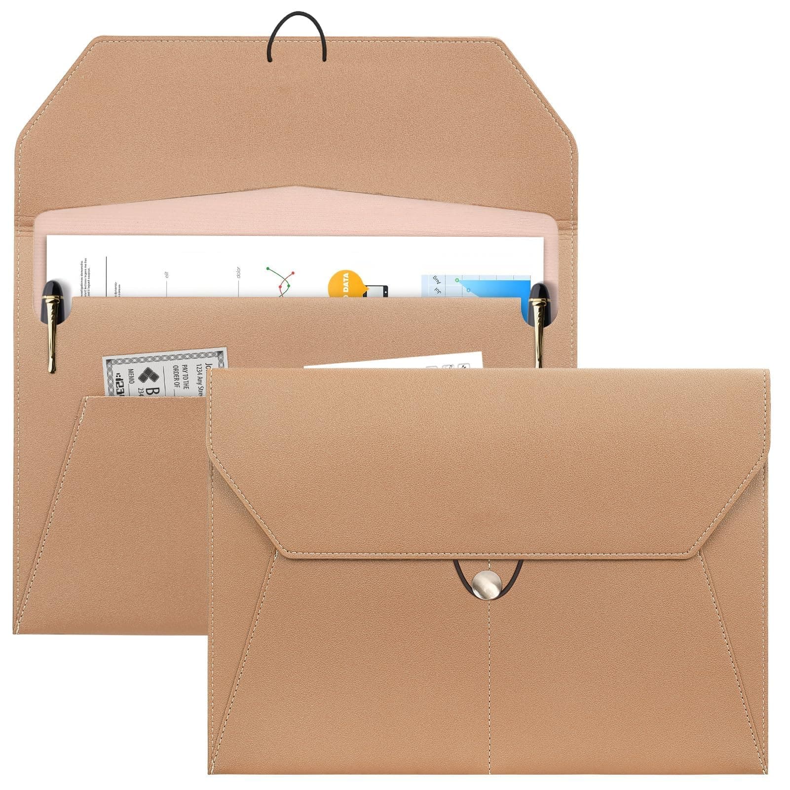 NALACAL PU Leather A4 Document Holder File, Organizer Filing Envelope Portfolio Case Tablet Sleeve with Rope Buckle Closure & Front Pockets for Home School Office Stationery (Light Brown)