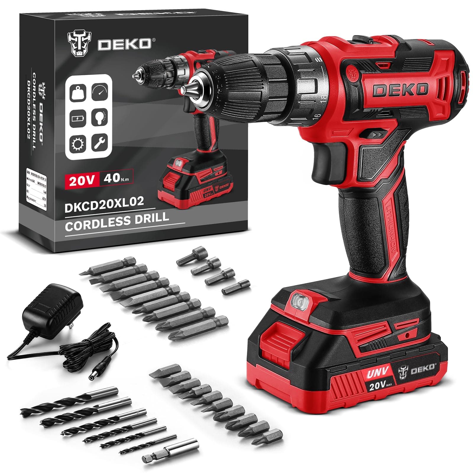 Power Drill Cordless: DEKO PRO Cordless Drill 20V Electric Power Drills Set Tool for Women with Battery and Charger 20 Volt Drills Driver Kit Red