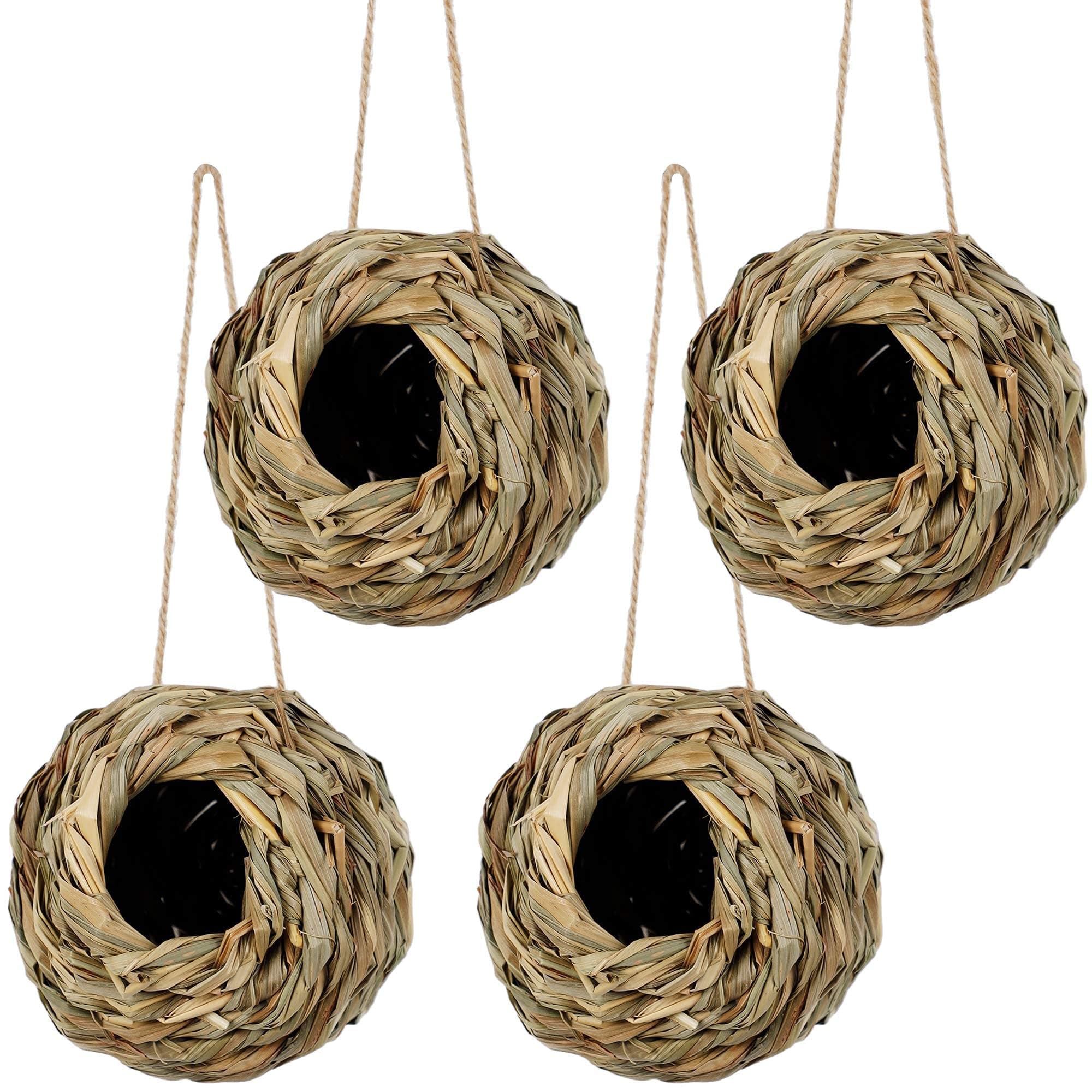 4 Pack Hanging Bird Nest House for Outside, Ball Shape, Hand Woven, Durable Sturdy, Made of Natural Grass, Perfect for Garden Patio Lawn Office Indoor