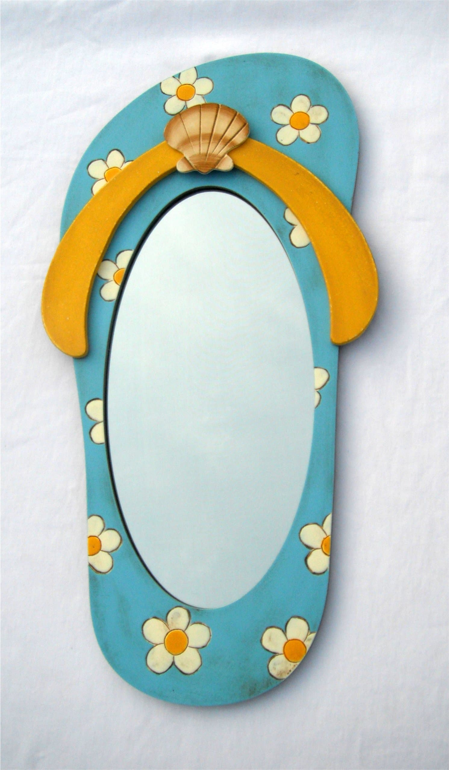 Flip Flop Design Wall Mirror - Blue w/ Flower Accent