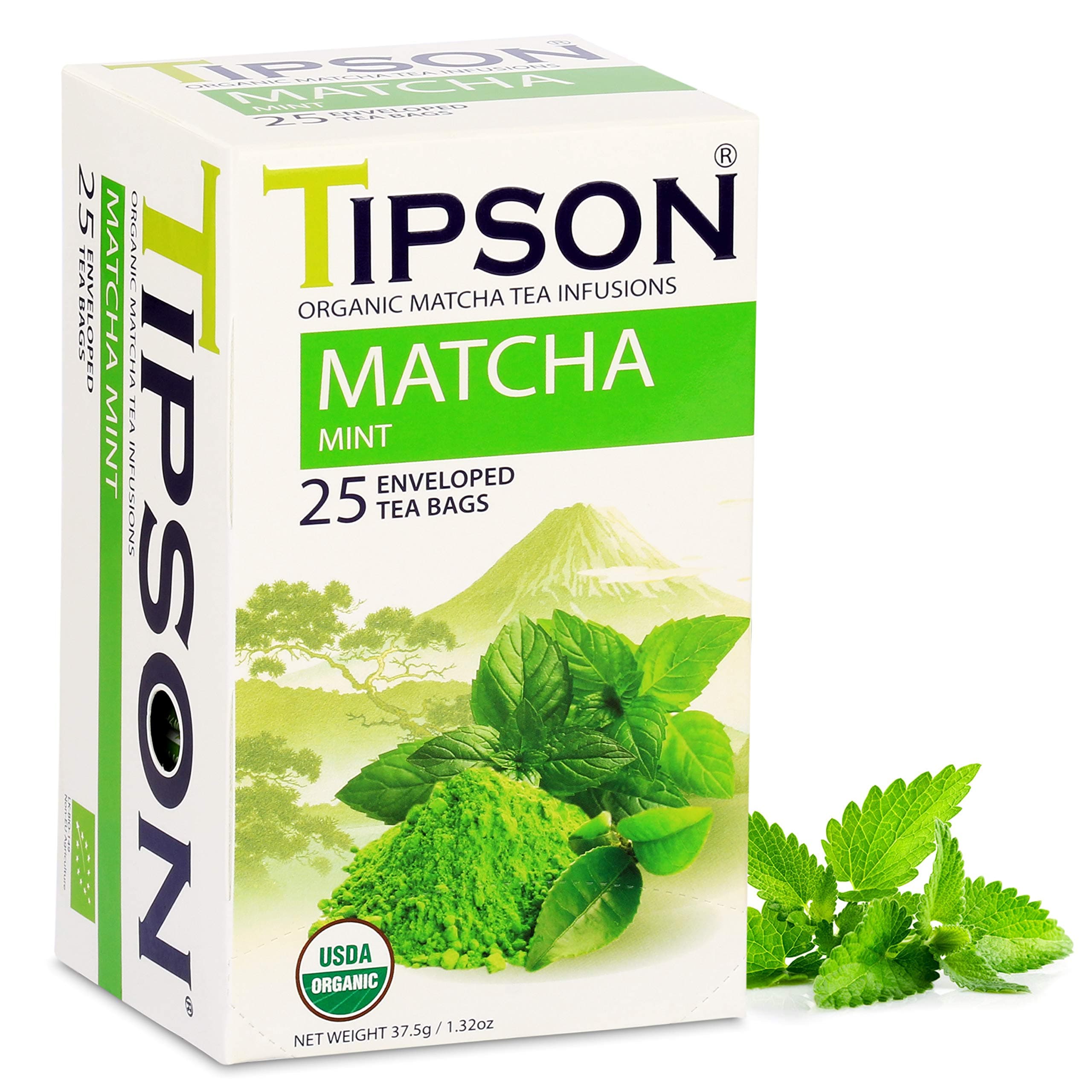 Tipson Organic Matcha Green Tea - Mint - 25 Foil Enveloped Double Chambered Bags - Keto/Paleo