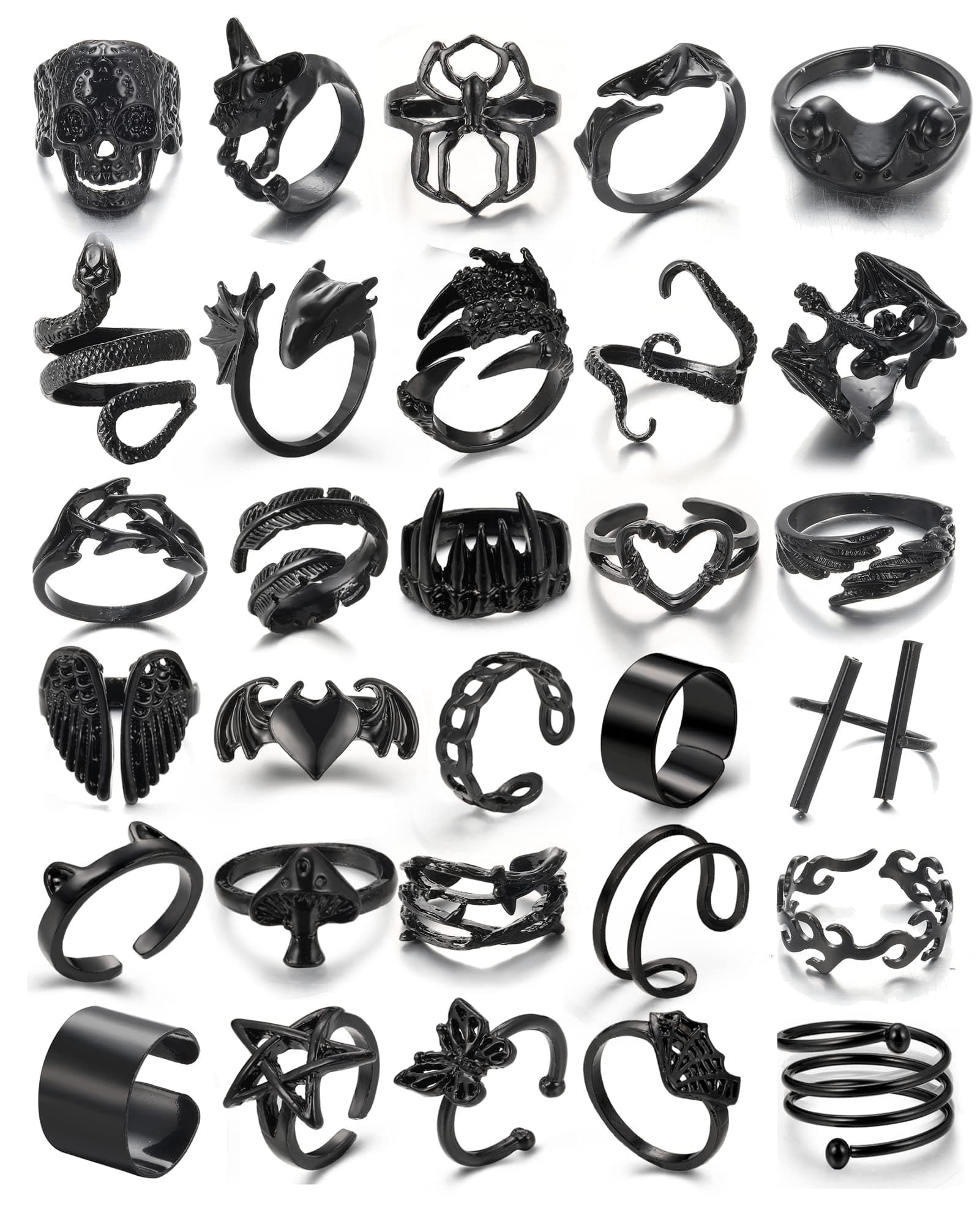 Black Gothic Vintage Rings Set - 20-30 PCS Cool Punk Jewelry with Snake, Butterfly, and Star Stacking Rings, Gift for Men, Women, Boys