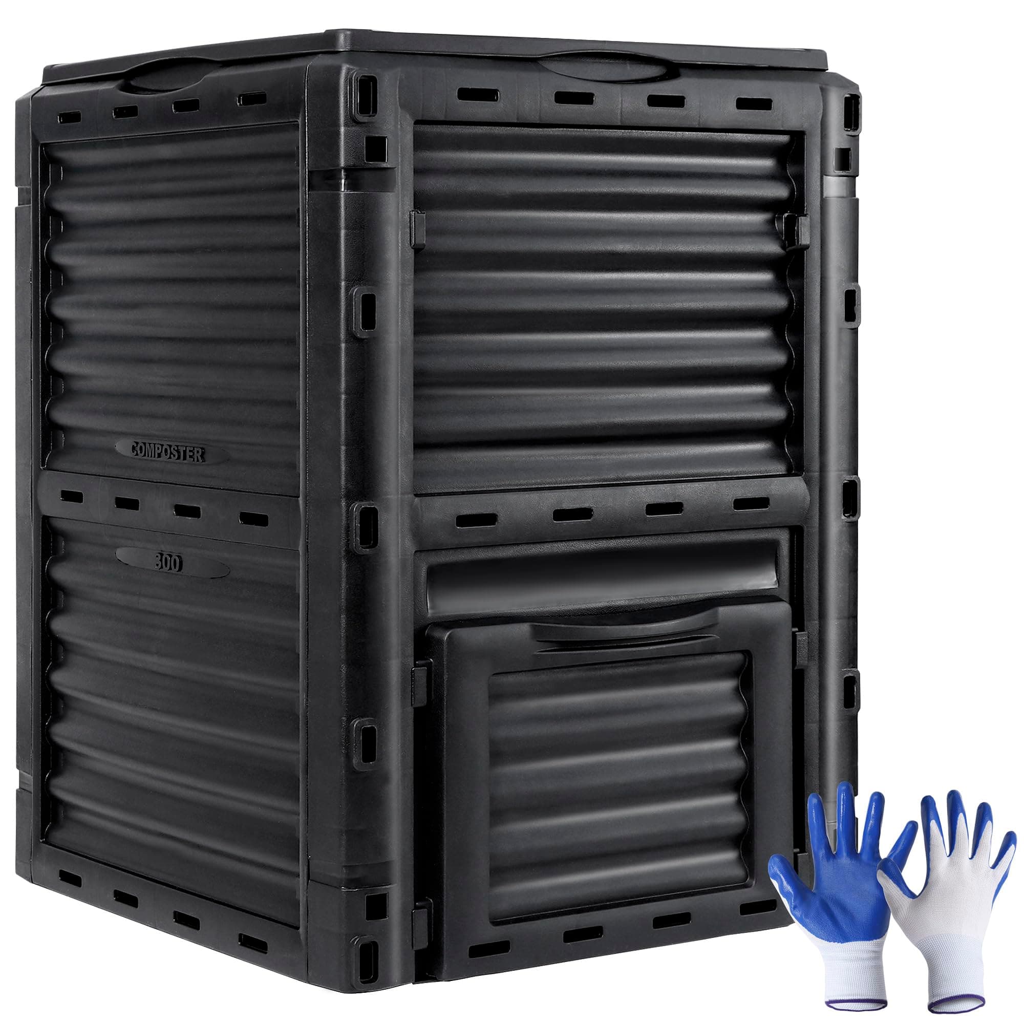 JupiterForce Garden Compost Bin 80 Gallon (300 L) from BPA Free Material, Large Composting Bin Outdoor Composter with Gloves, Easy Assembling, Fast Creation of Fertile Soil, Lightweight, Black