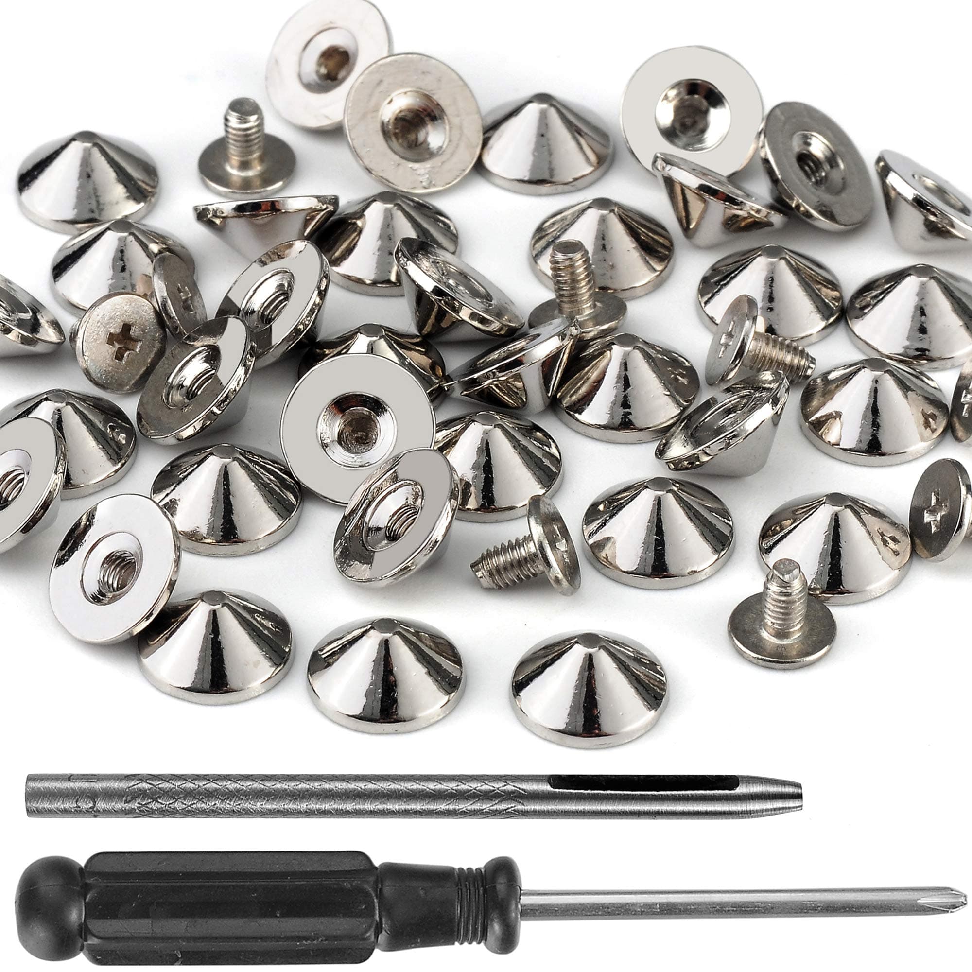 YORANYO 100 Sets Cone Spikes and Studs 4.7MM Height Silver Color 3/16" Bullet Spikes Screw Back Punk Studs and Spikes for Clothing Shoes Leather Craft Belts Bag Rivets with Installation Tools