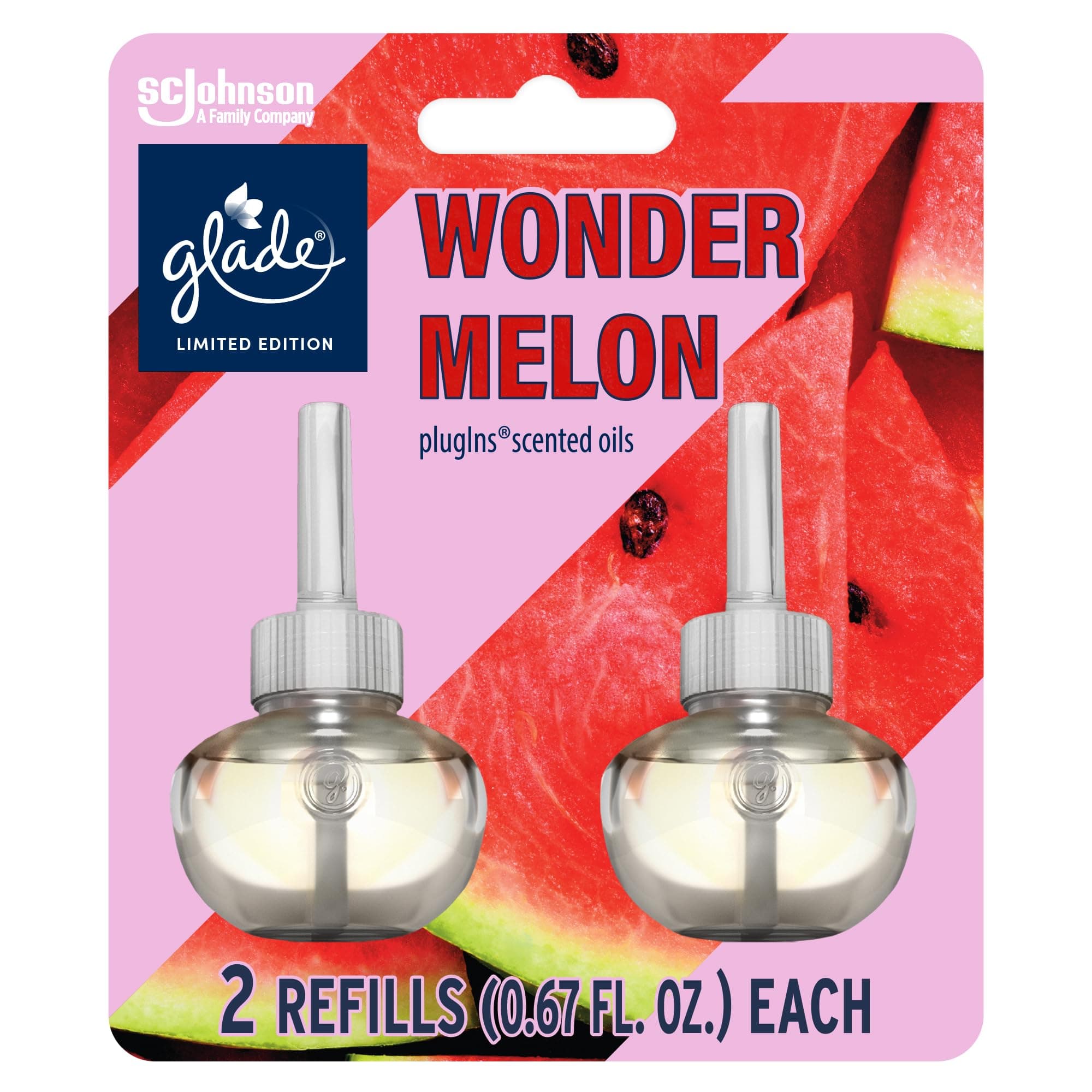 Glade PlugIns Refills Air Freshener, Wonder Melon, Scented and Essential Oils for Home and Bathroom, 0.67 Fl Oz, 2 Count