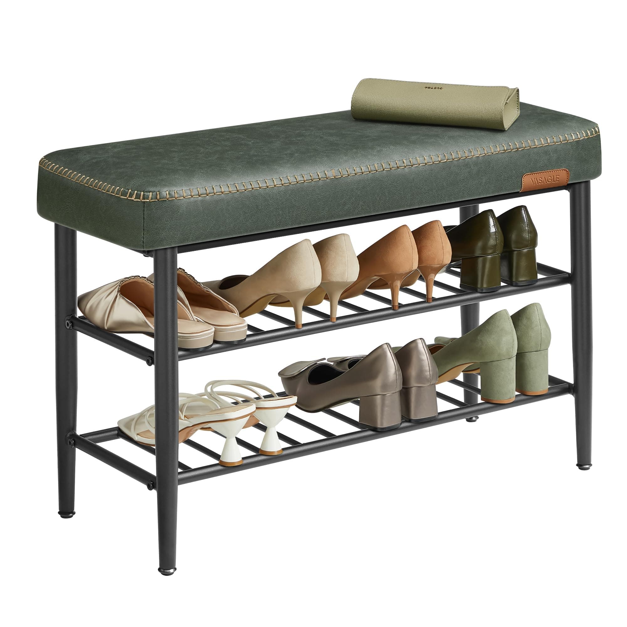 EKHO Collection - Shoe Rack Bench, Storage Bench for Entryway, Synthetic Leather with Stitching, Mid-Century Modern, Loads 300 lb, 11.8 x 31.5 x 19.7 Inches, Forest Green ULSB054C01