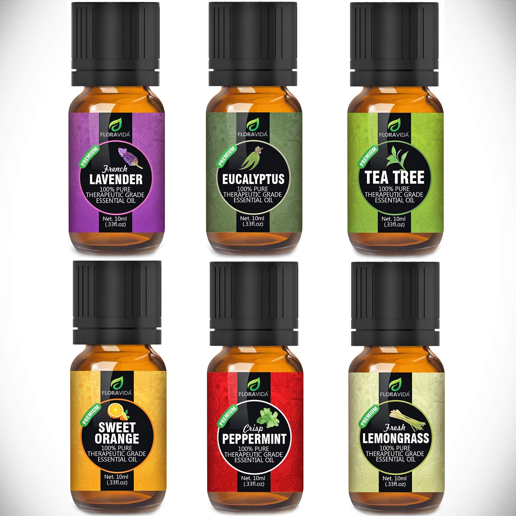 Essential Oils Gift Set: French Lavender, Tea Tree, Eucalyptus, Lemongrass, Sweet Orange, Peppermint | 100% Organic Natural Formula